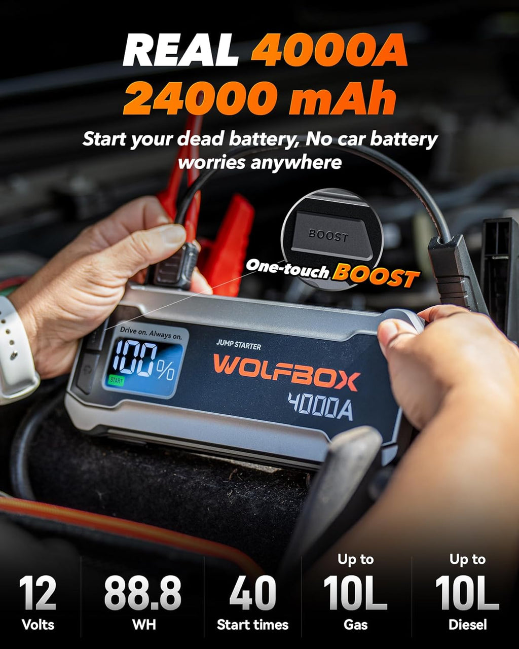 4000A 24000mAh Portable Jump Starter with 65W Quick Charger, LED Display & Flashlight for 12V Vehicles