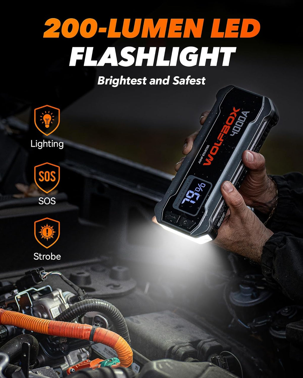 4000A 24000mAh Portable Jump Starter with 65W Quick Charger, LED Display & Flashlight for 12V Vehicles