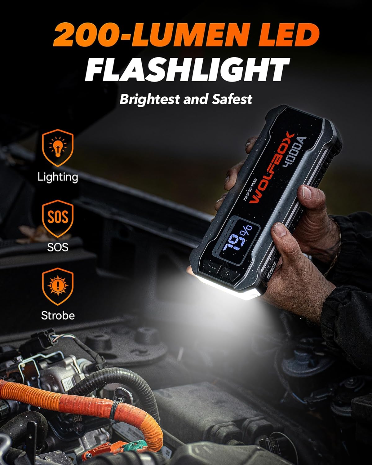 4000A 24000mAh Portable Jump Starter with 65W Quick Charger, LED Display & Flashlight for 12V Vehicles