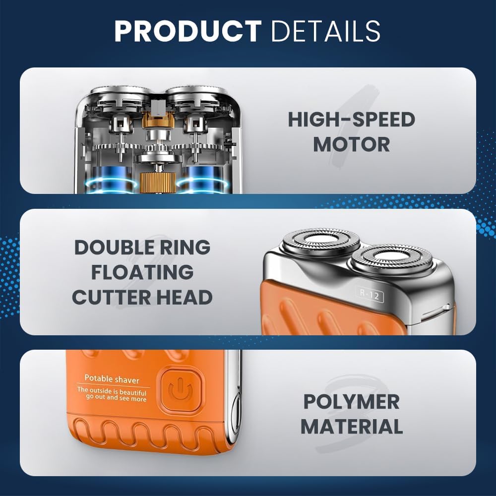 Portable Dual Ring Electric Shaver, Waterproof USB Rechargeable Mini Shaver with Magnetic Head
