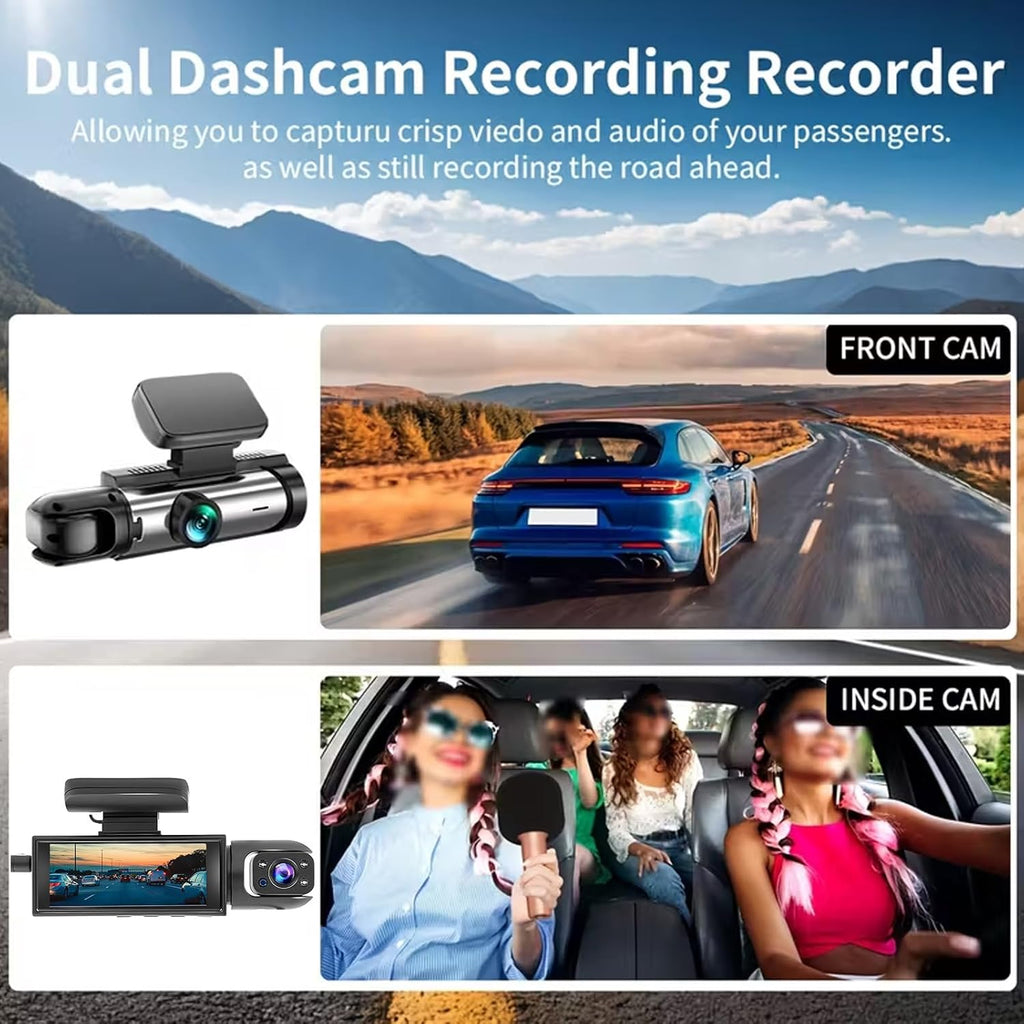 1080P Dual Dash Cam with IR Night Vision, Loop Recording, 150° Wide Angle, 3.16" IPS Screen