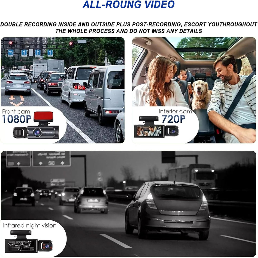 1080P Dual Dash Cam with IR Night Vision, Loop Recording, 150° Wide Angle, 3.16" IPS Screen