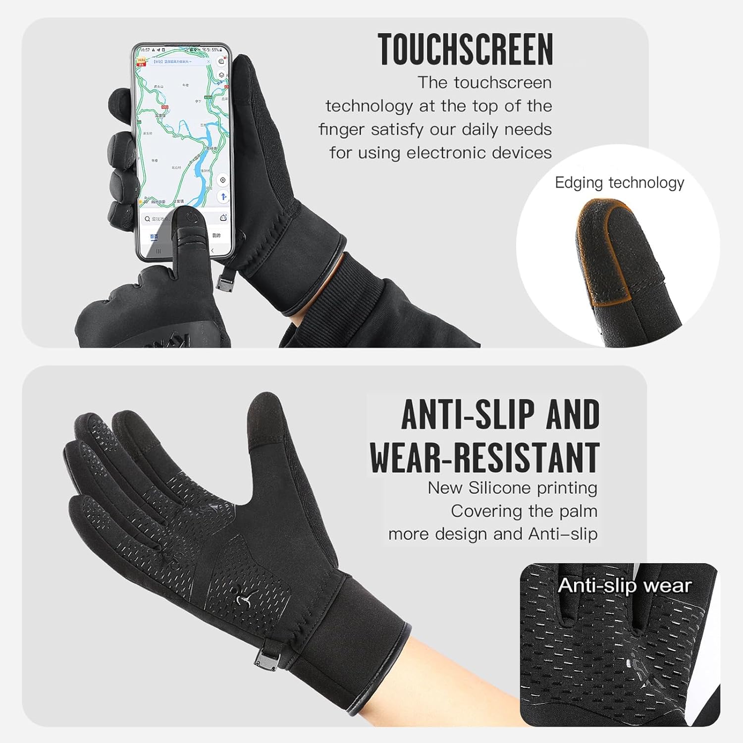 100% Waterproof Winter Gloves with Touchscreen Fingers, Anti-Slip Palm for Running, Cycling, Driving