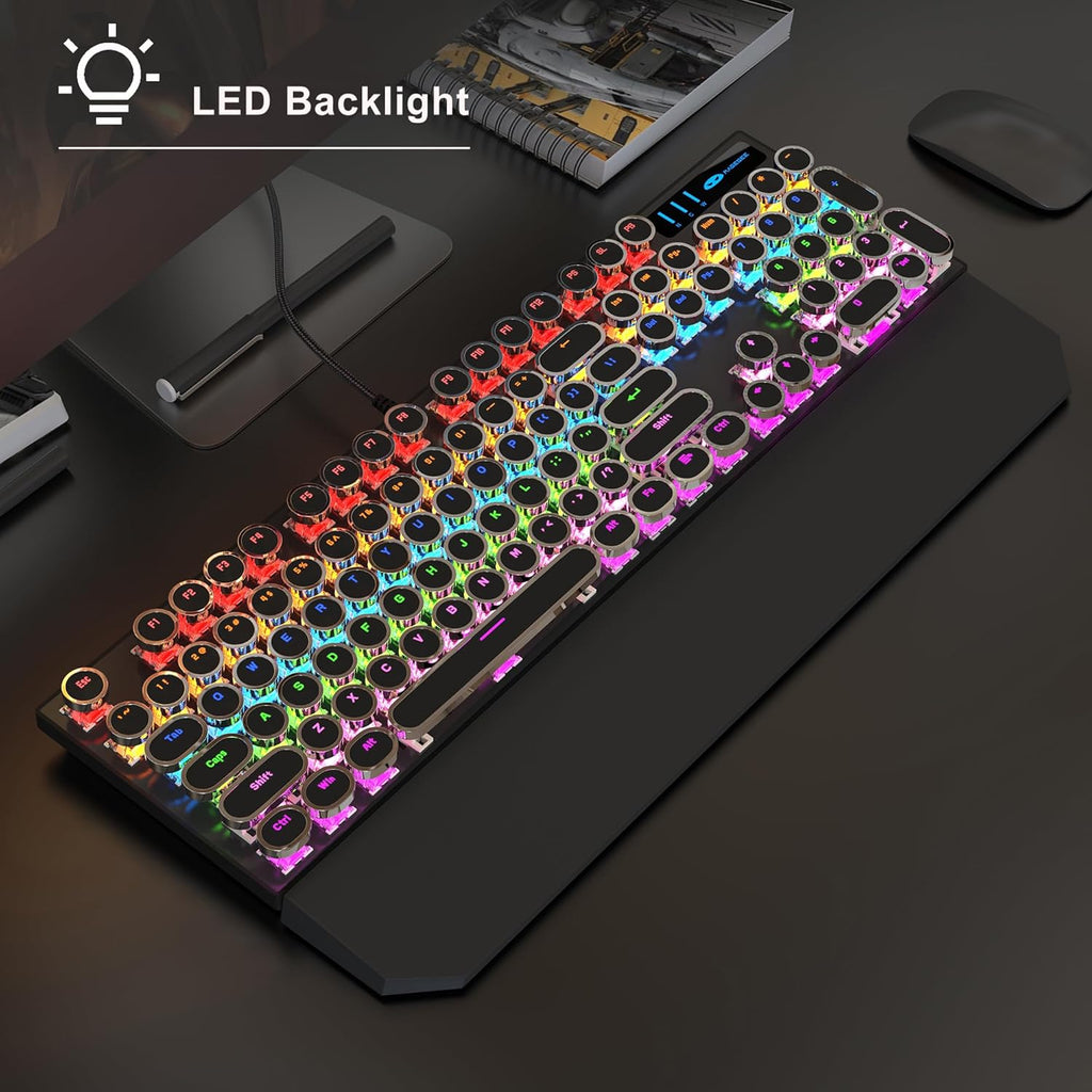 Retro Typewriter Mechanical Gaming Keyboard with RGB Backlit and Magnetic Wrist Rest