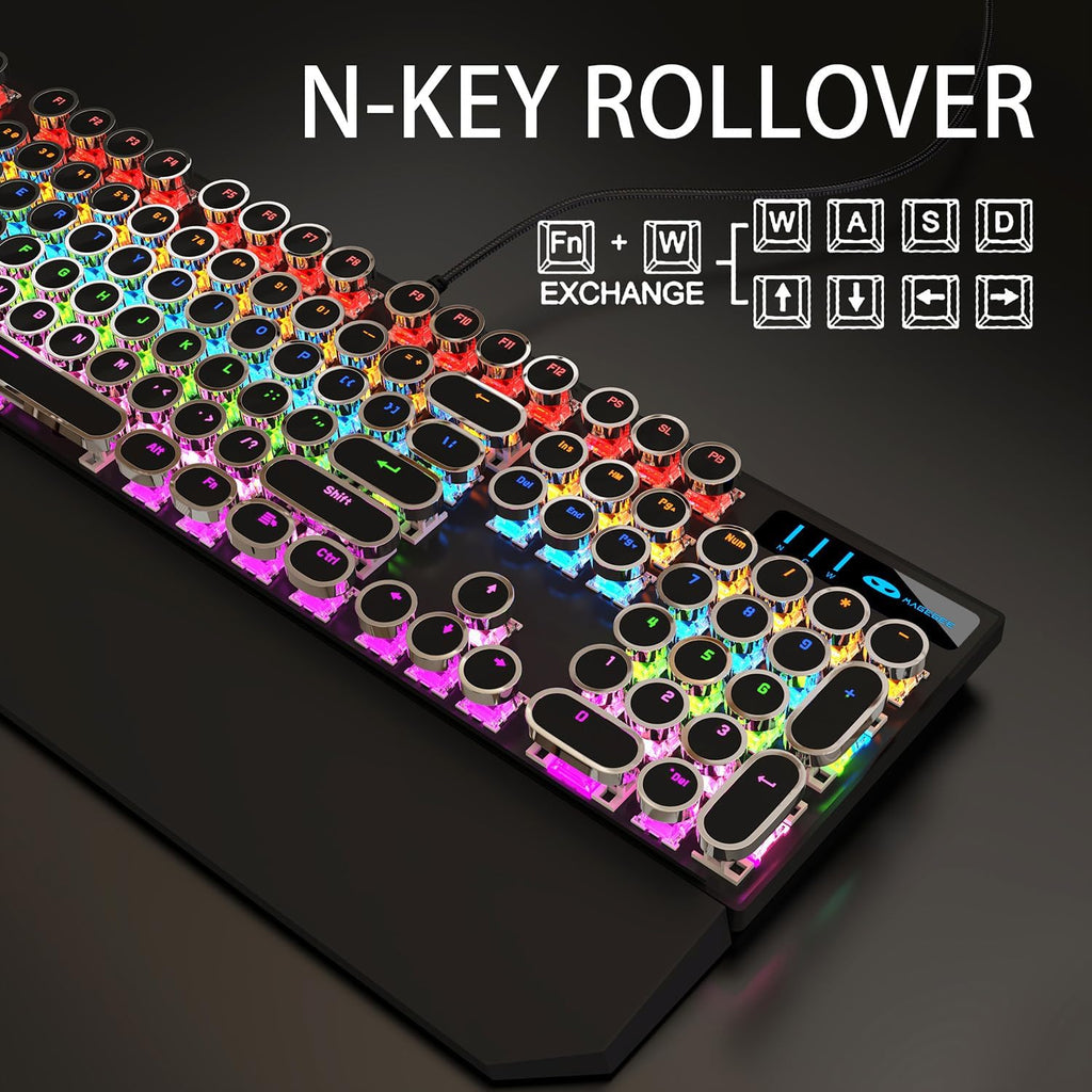 Typewriter Style Mechanical Gaming Keyboard with RGB Backlight, Blue Switches, Round Keycaps