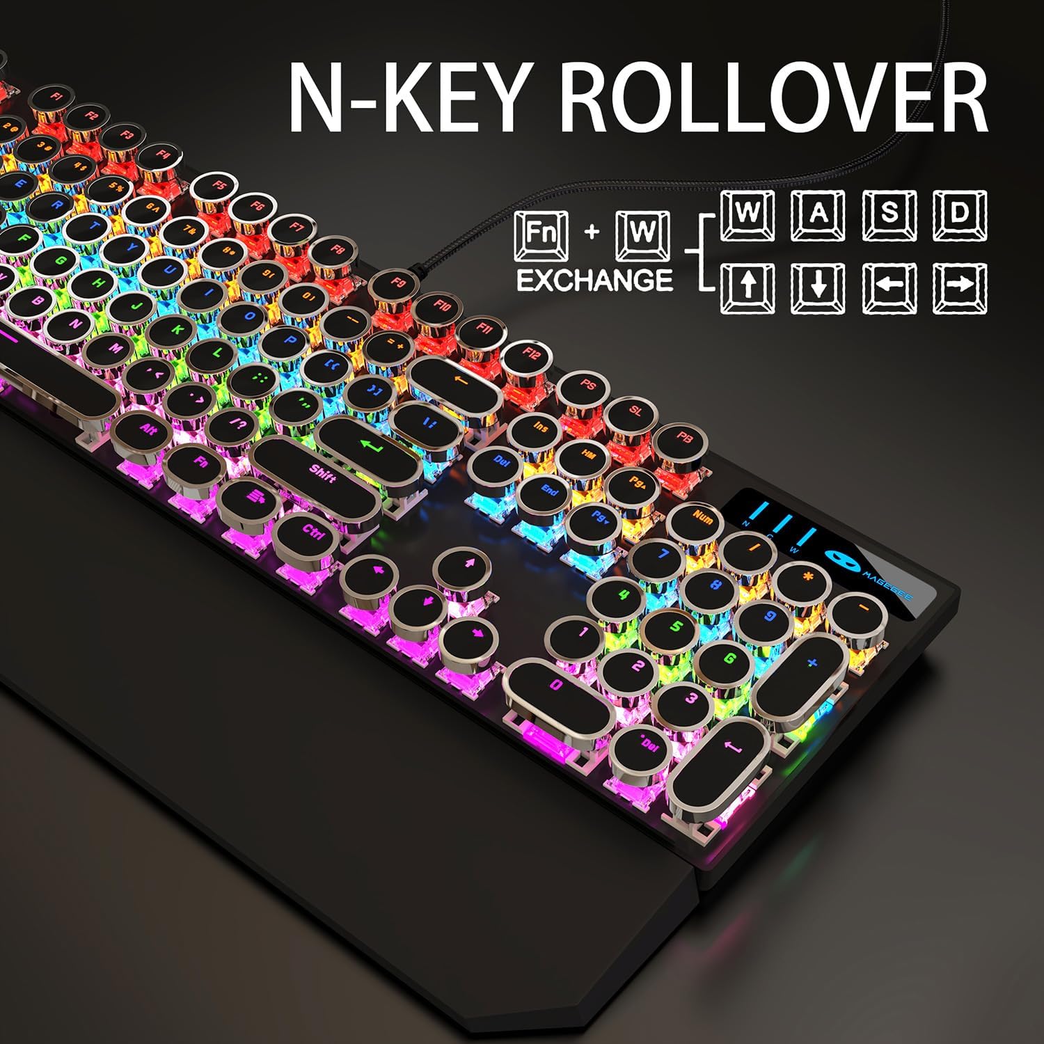Typewriter Style Mechanical Gaming Keyboard with RGB Backlight, Blue Switches, Round Keycaps