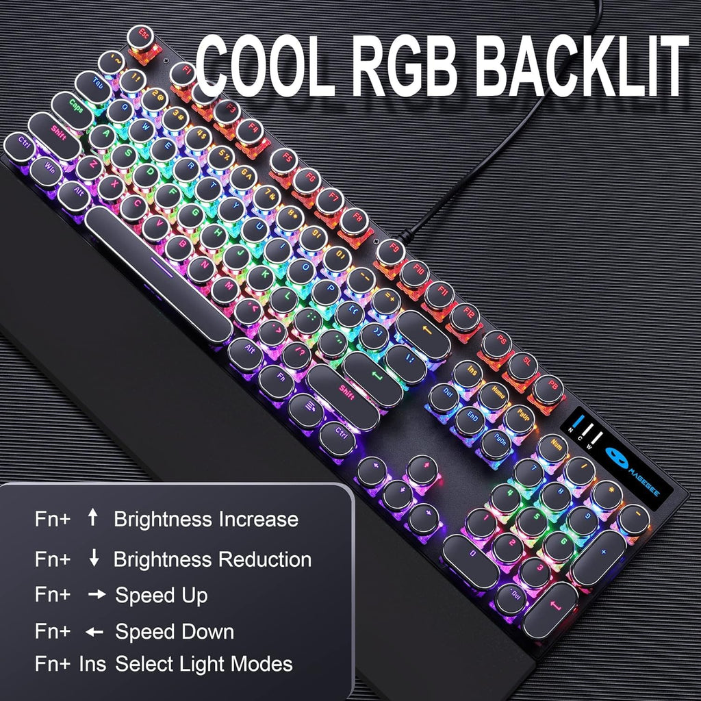 Typewriter Style Mechanical Gaming Keyboard with RGB Backlight, Blue Switches, Round Keycaps
