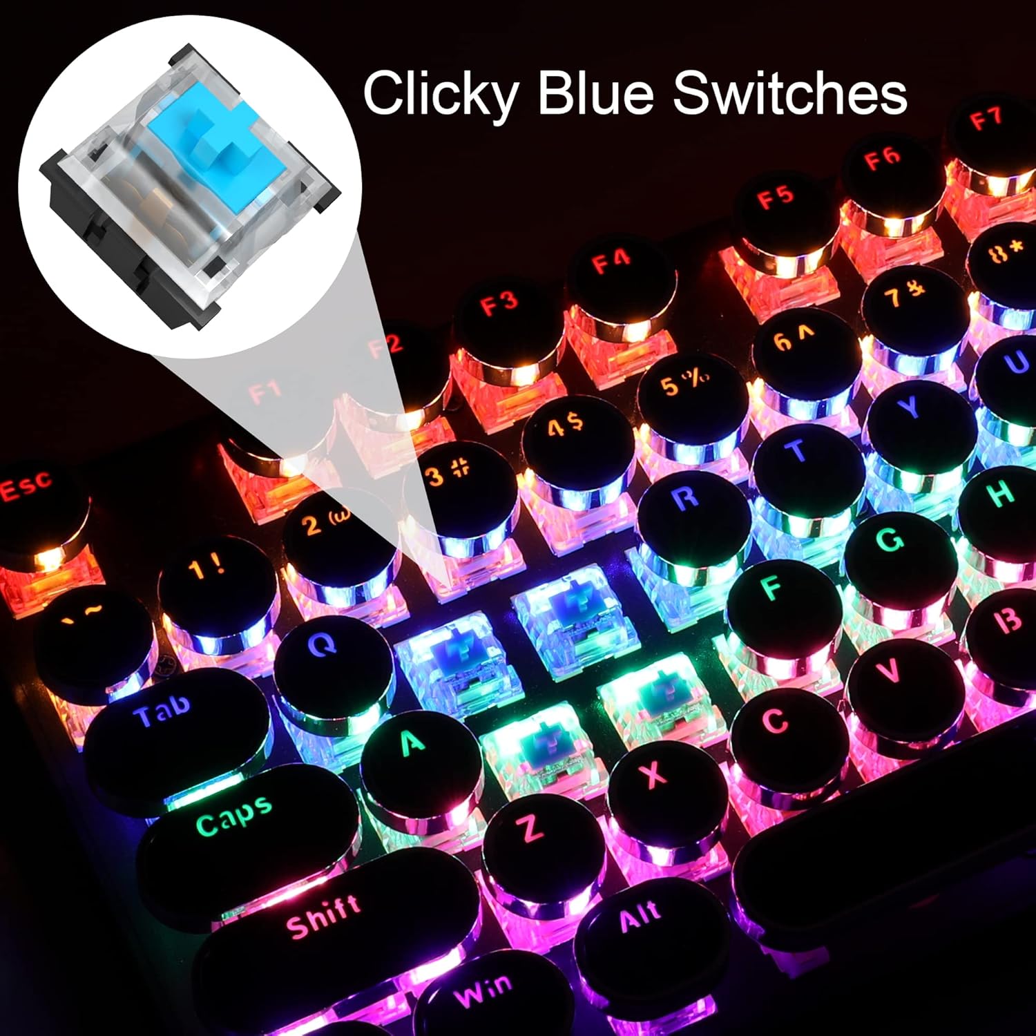 Typewriter Style Mechanical Gaming Keyboard with RGB Backlight, Blue Switches, Round Keycaps