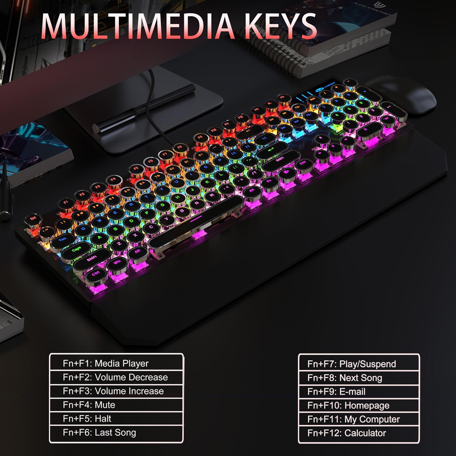 Typewriter Style Mechanical Gaming Keyboard with RGB Backlight, Blue Switches, Round Keycaps