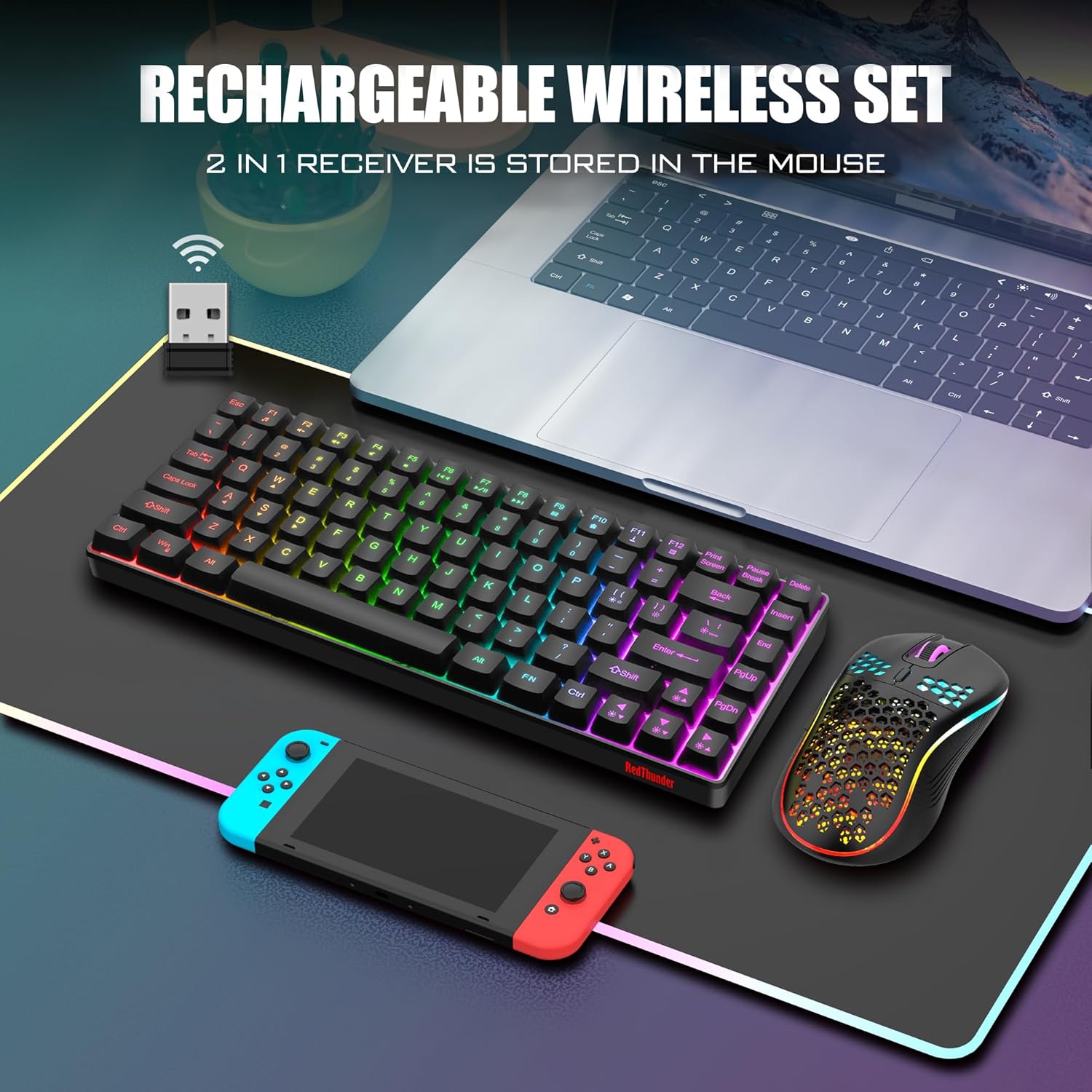 Wireless Gaming Keyboard & Mouse Combo, Rainbow Backlit Rechargeable 75% Compact Layout