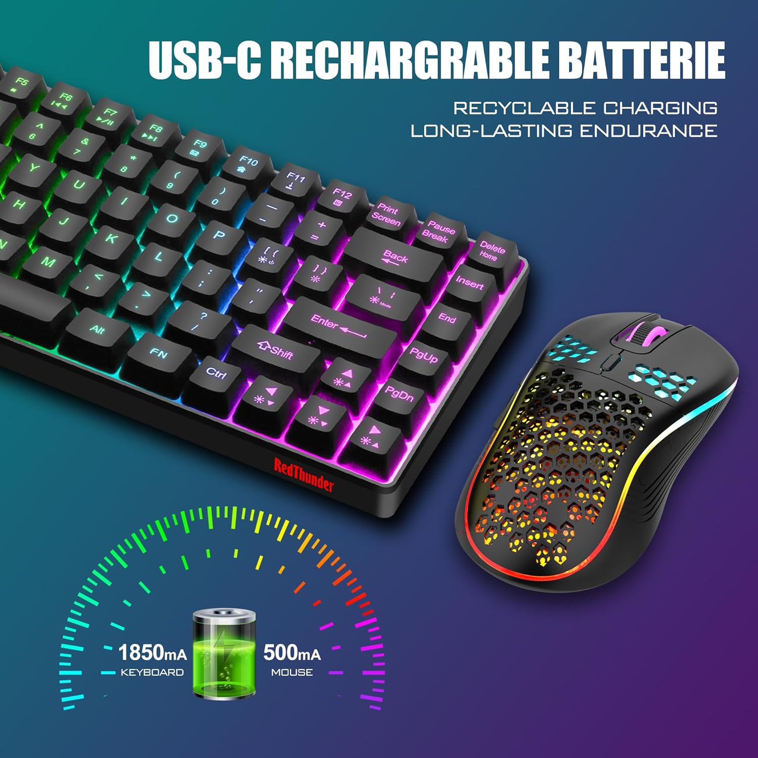 Wireless Gaming Keyboard & Mouse Combo, Rainbow Backlit Rechargeable 75% Compact Layout
