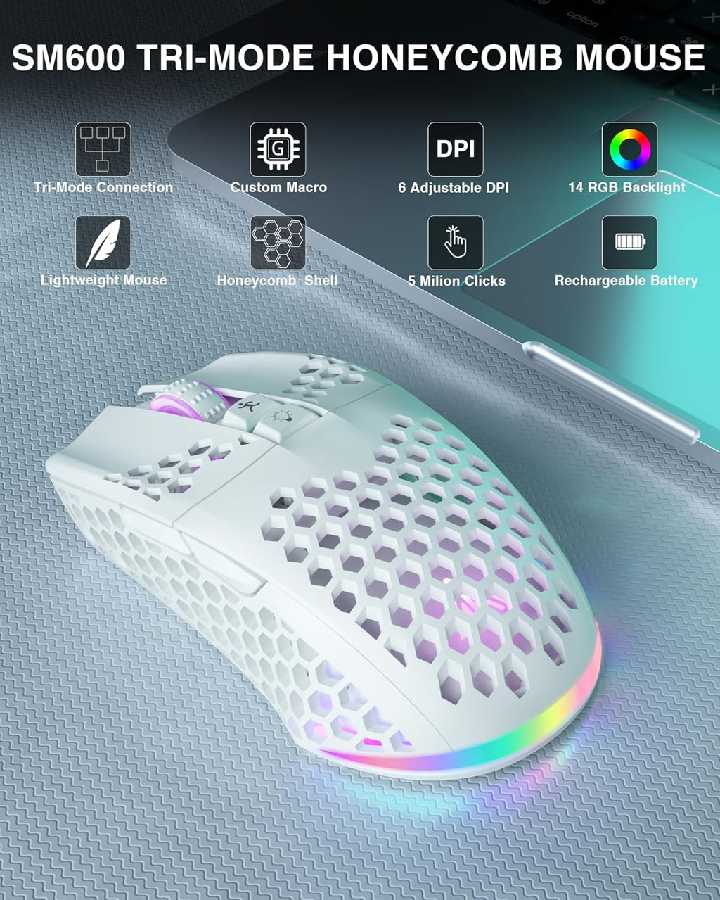 White Wireless Gaming Mouse, Tri-Mode BT5.1/Type-C/2.4G, 7 Programmable Buttons, RGB Light