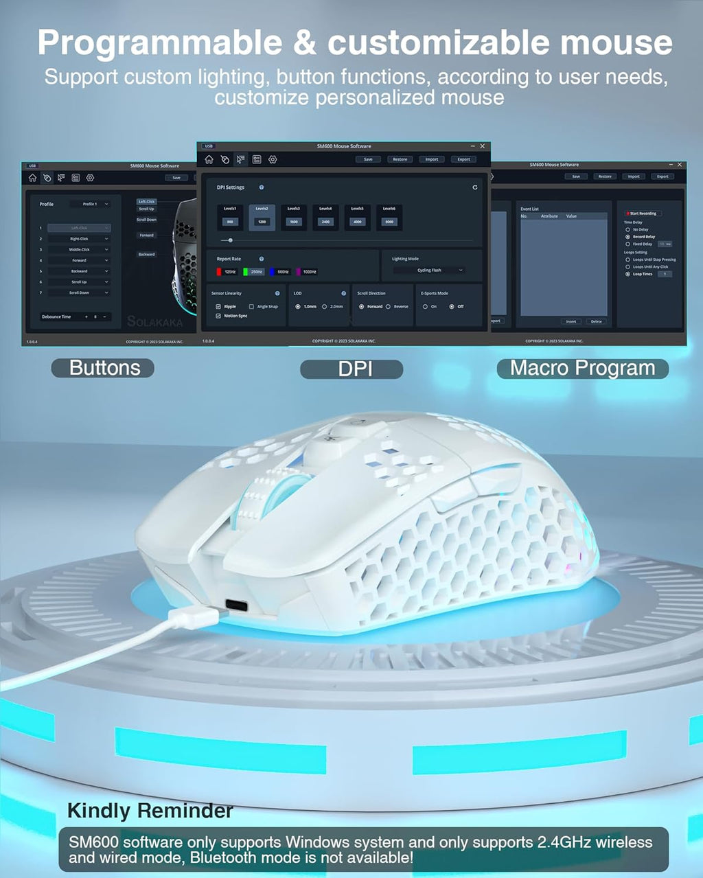 White Wireless Gaming Mouse, Tri-Mode BT5.1/Type-C/2.4G, 7 Programmable Buttons, RGB Light