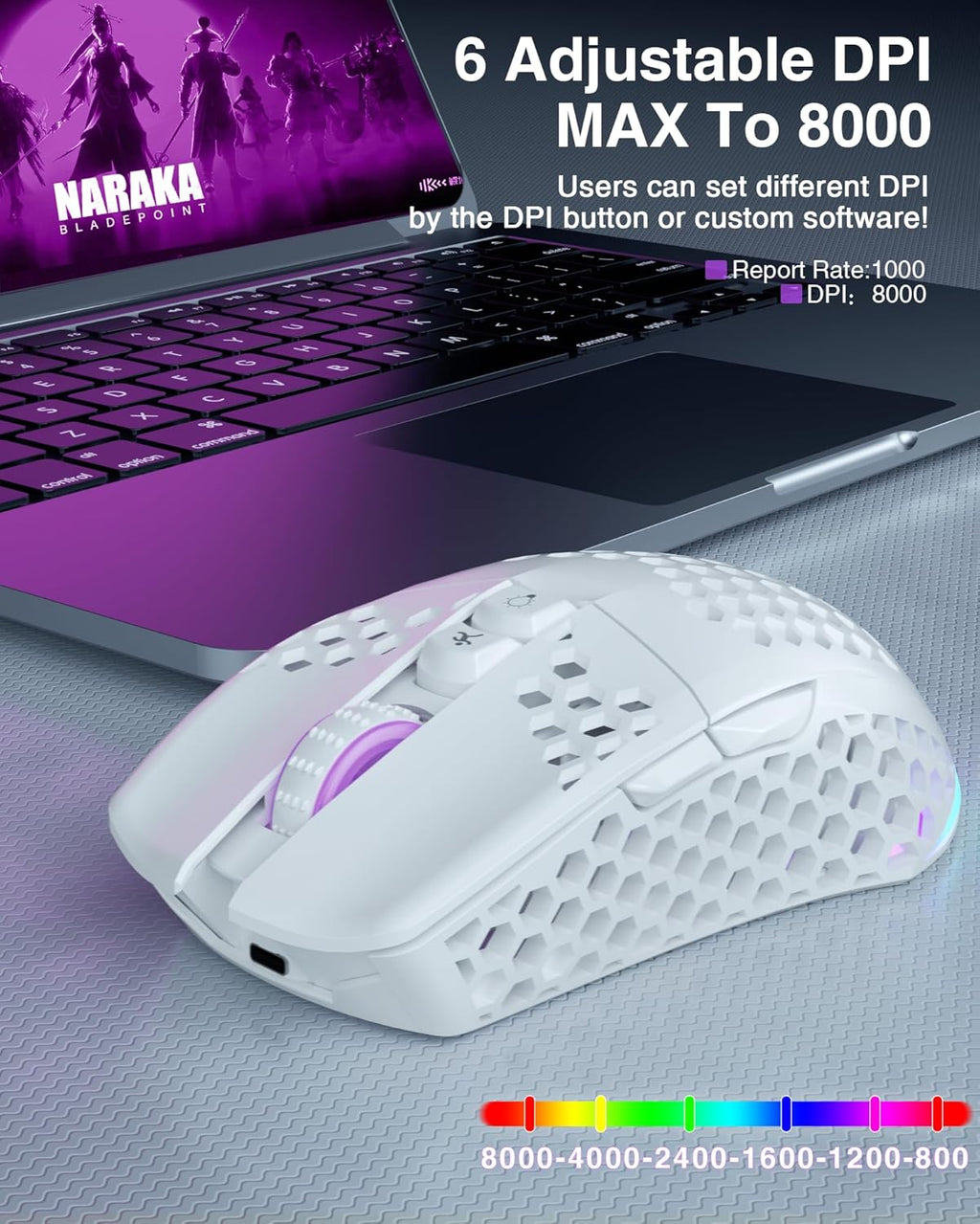 White Wireless Gaming Mouse, Tri-Mode BT5.1/Type-C/2.4G, 7 Programmable Buttons, RGB Light