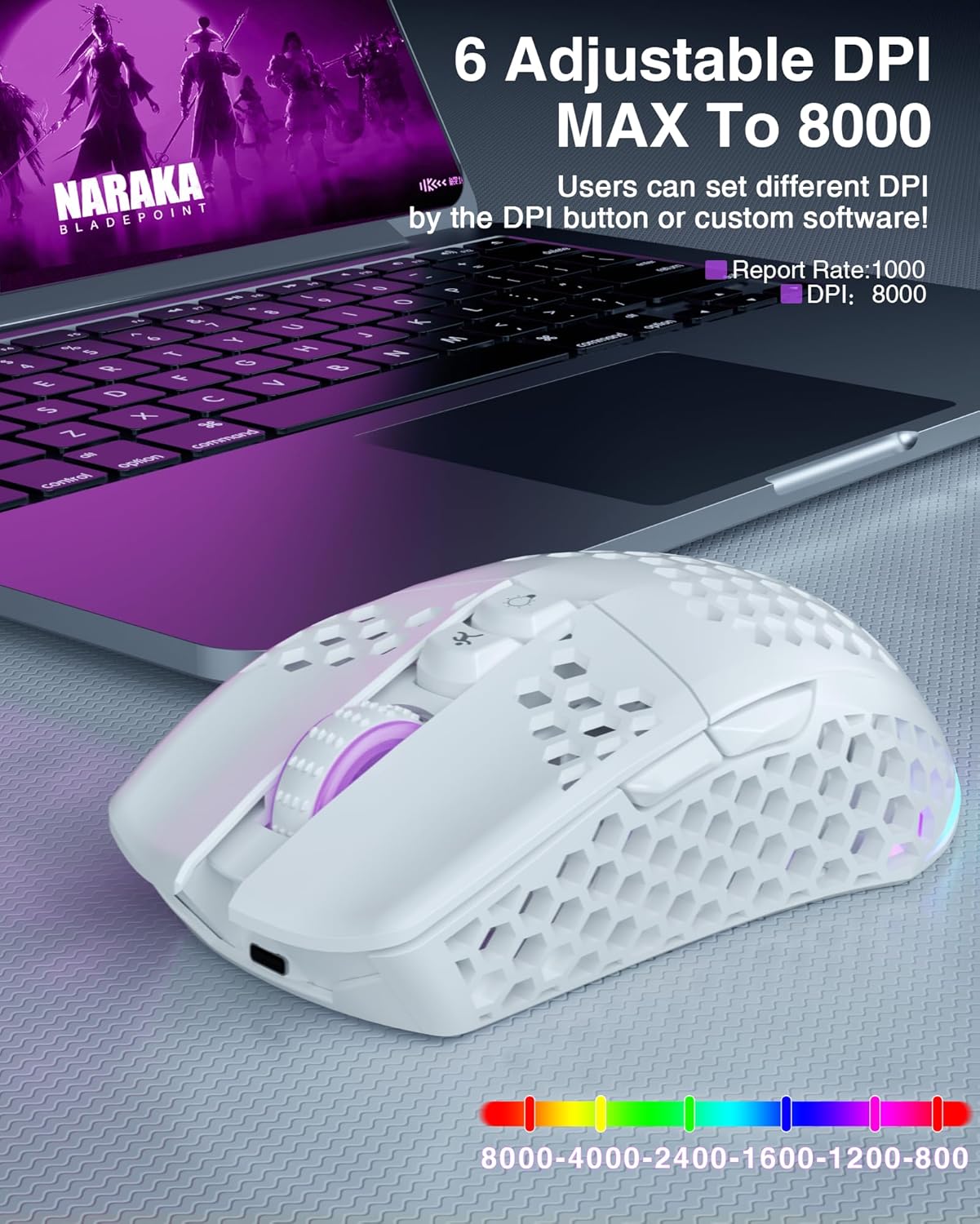 White Wireless Gaming Mouse, Tri-Mode BT5.1/Type-C/2.4G, 7 Programmable Buttons, RGB Light