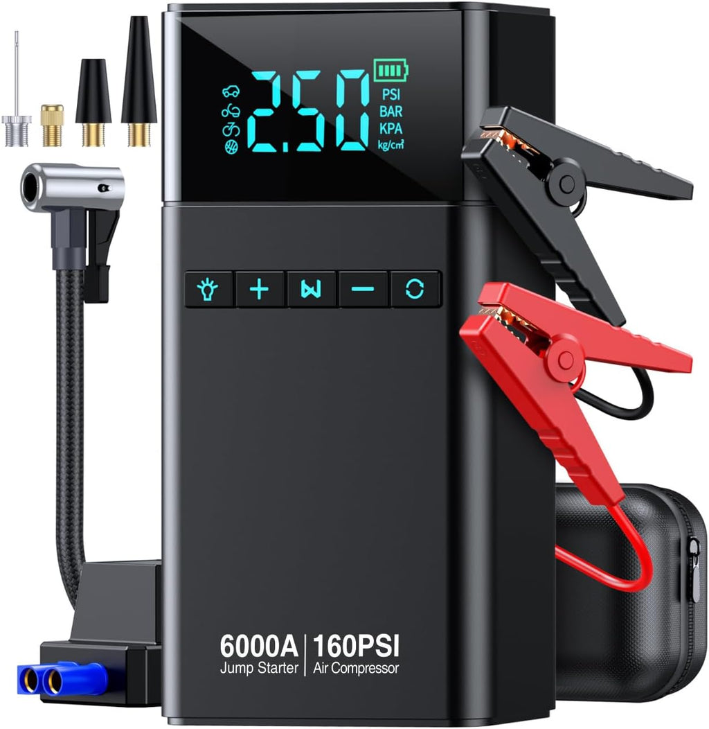 10-in-1 Portable Car Battery Jump Starter with Air Compressor, 6000A 160PSI Power Pack