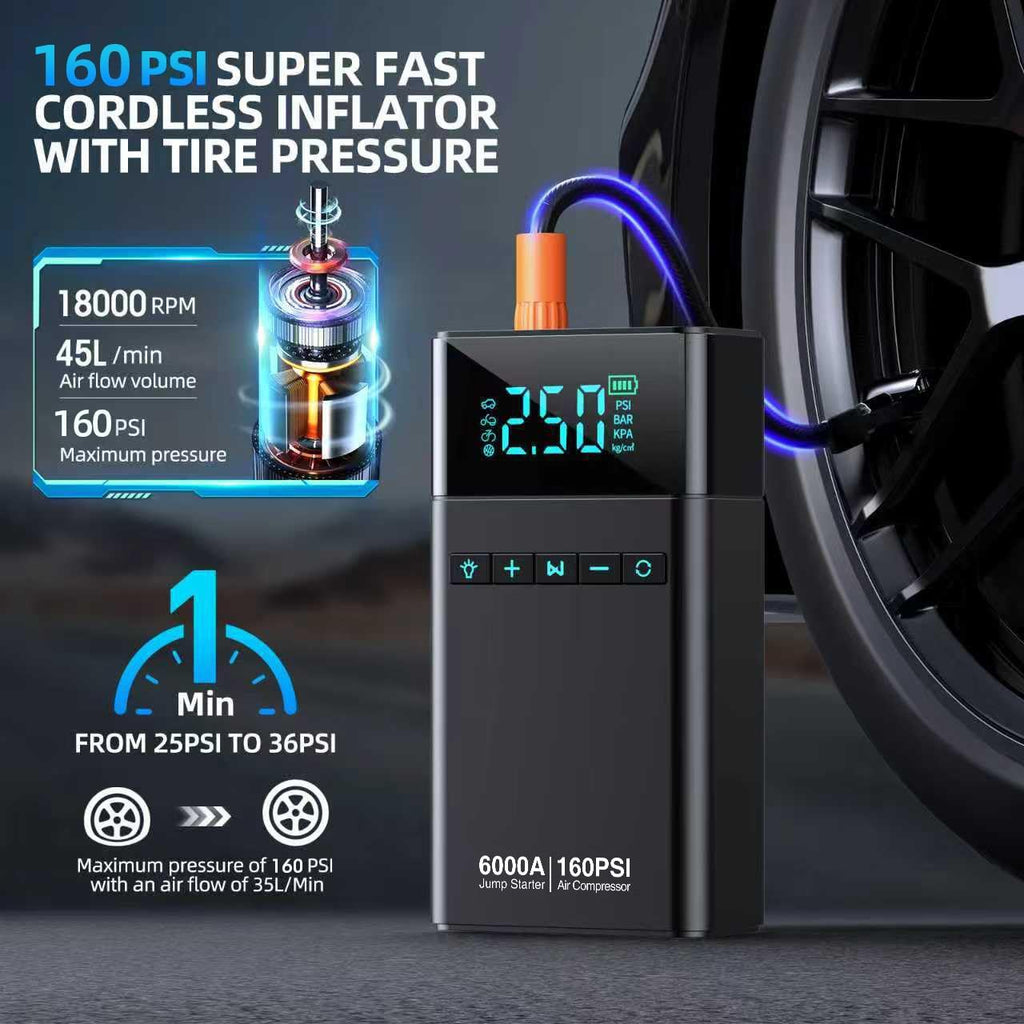 10-in-1 Portable Car Battery Jump Starter with Air Compressor, 6000A 160PSI Power Pack
