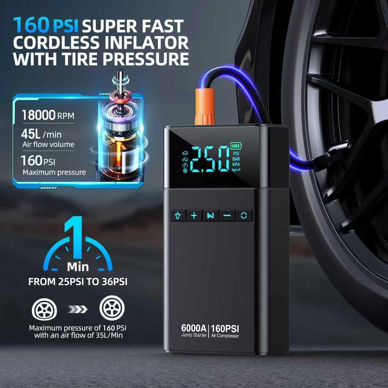 10-in-1 Portable Car Battery Jump Starter with Air Compressor, 6000A 160PSI Power Pack