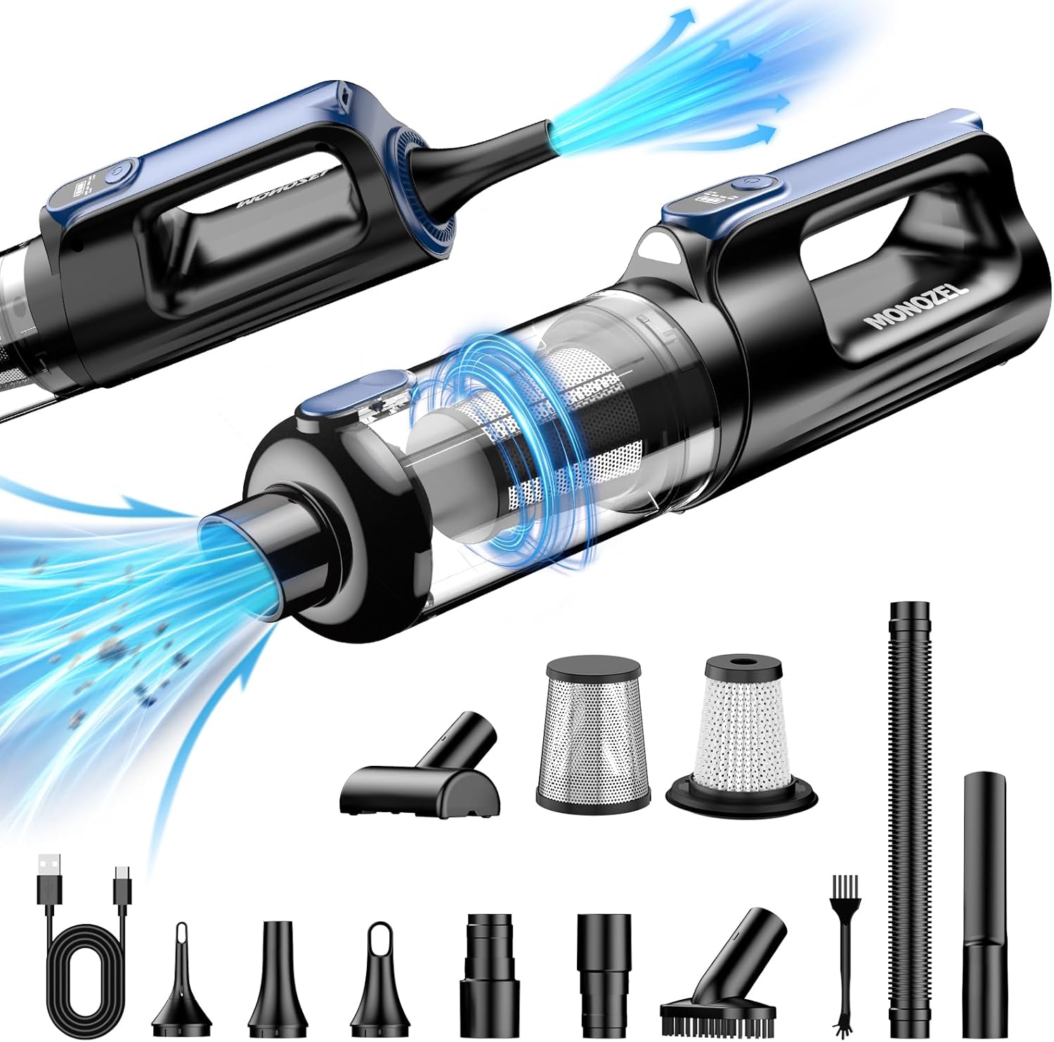 18000Pa Cordless 2-in-1 Car Vacuum & Air Duster, 130W Brushless Motor, 7800mAh Battery, LED Light, Multi-Nozzles