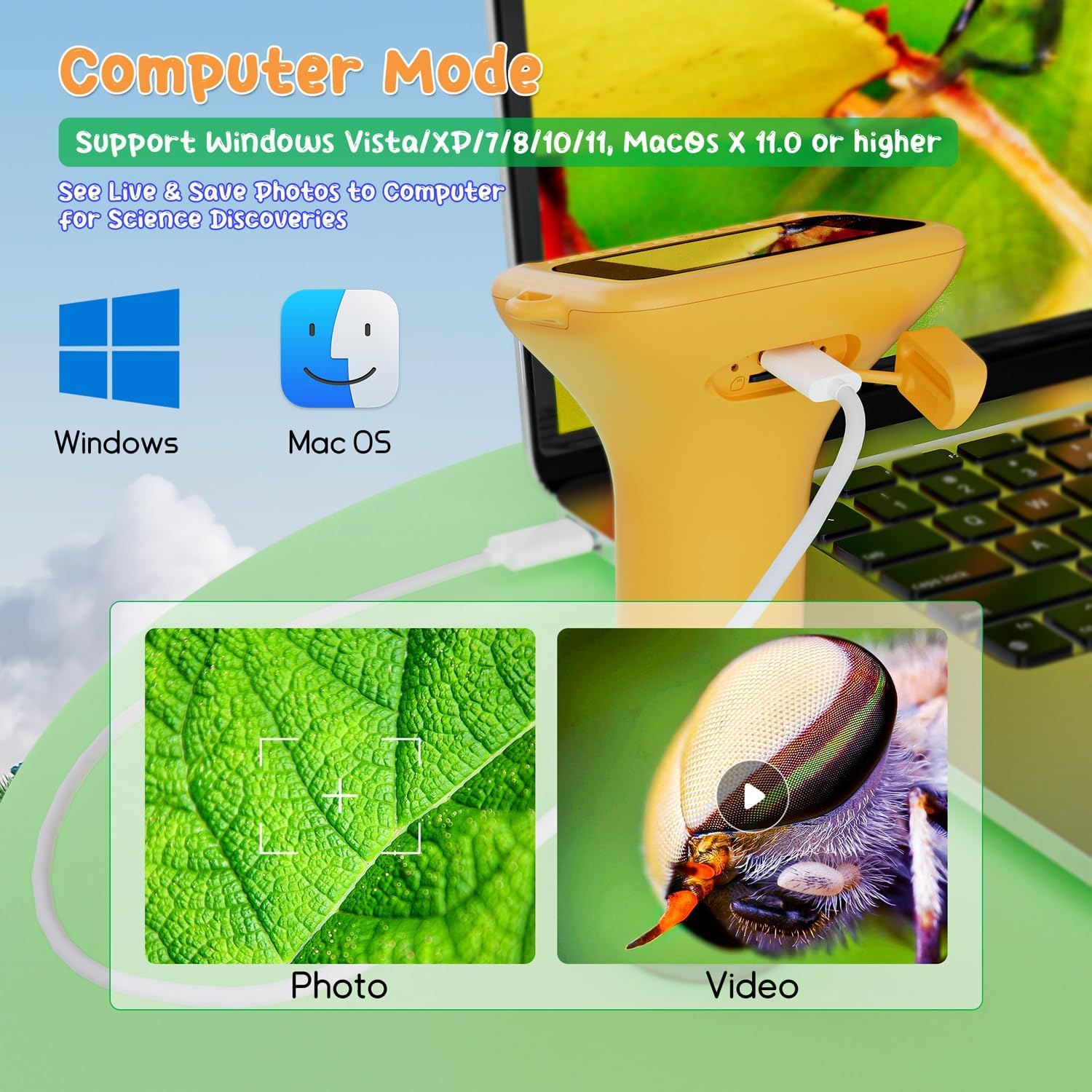 Digital Microscope for Kids with 2" Screen, 1000X Magnification & HD Camera, Portable Science Toy for Ages 4-12