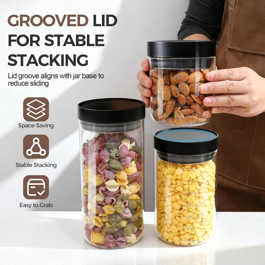Set of 6 Airtight Glass Storage Canisters with Press-Seal Lids - 3mm Thick Borosilicate Jars for Pantry