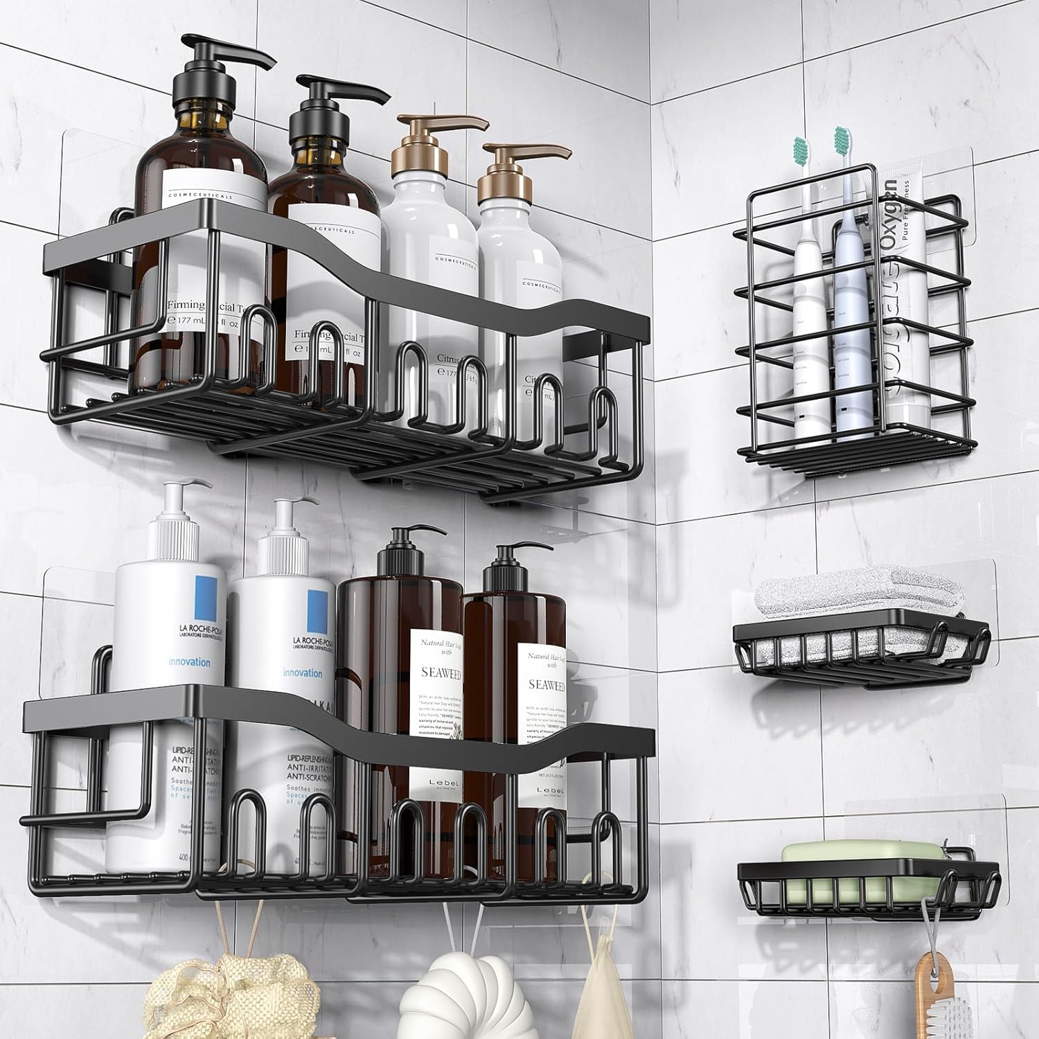 5-Pack Adhesive Shower Caddy, Rustproof Stainless Steel Bathroom Organizer with Large Capacity