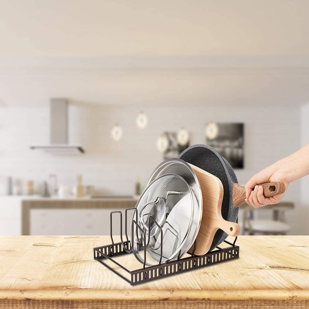 Pot Lid Organizer Rack for Cabinet and Countertop, 7 Adjustable Compartments for Pans and Bakeware