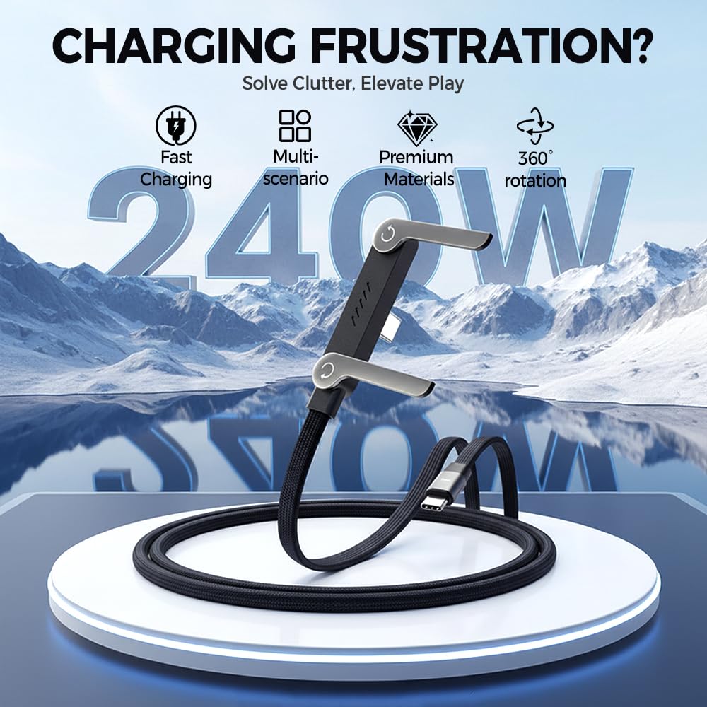 240W USB-C to USB-C Fast Charging Cable with Built-in 360° Rotating Phone Stand