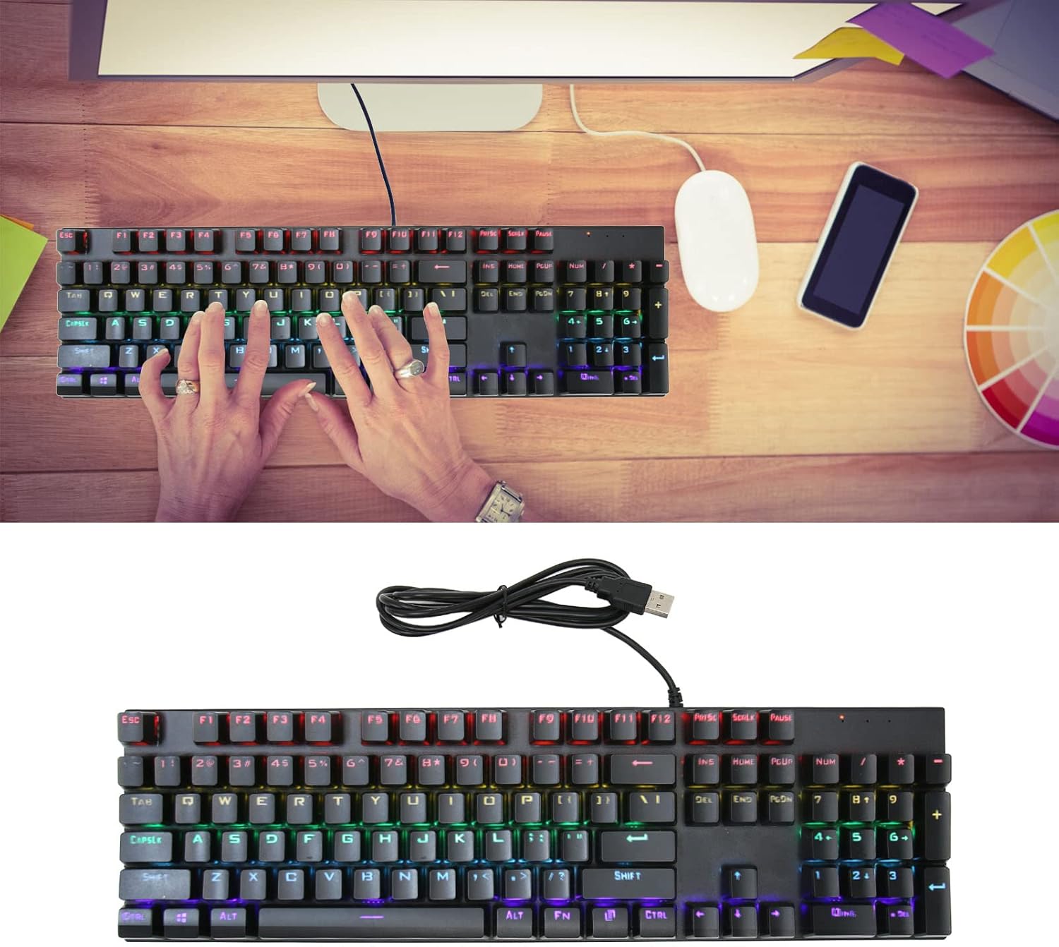 104-Key Blue Switch RGB Mechanical Keyboard with 28 Backlight Modes & Ergonomic Design