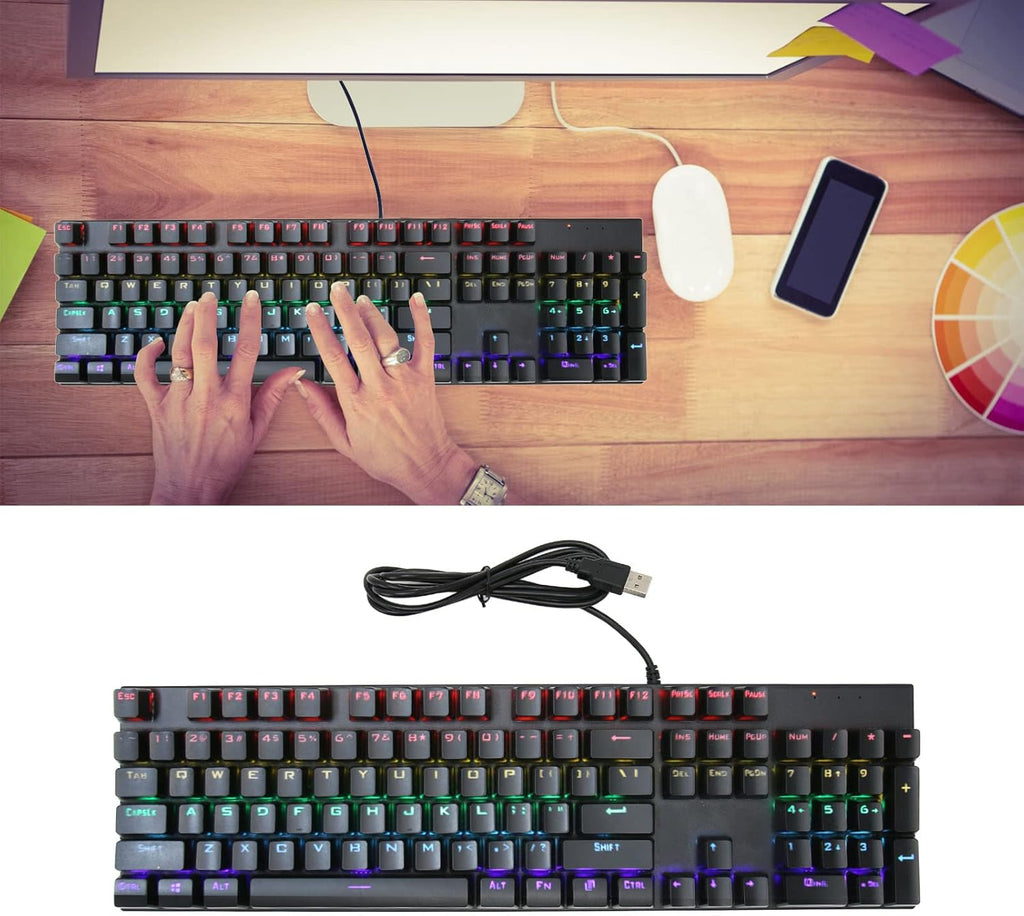 104-Key Blue Switch RGB Mechanical Keyboard with 28 Backlight Modes & Ergonomic Design