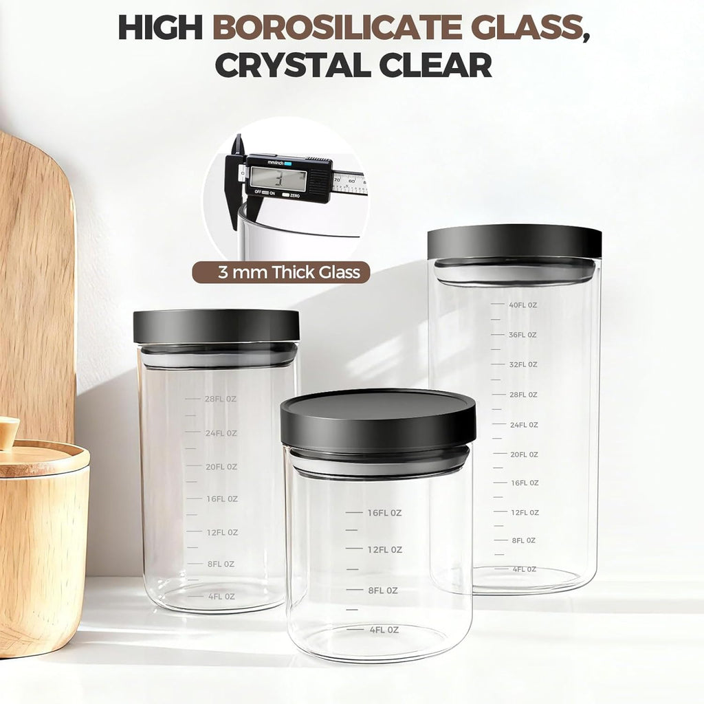 Set of 6 Airtight Glass Storage Canisters with Press-Seal Lids - 3mm Thick Borosilicate Jars for Pantry