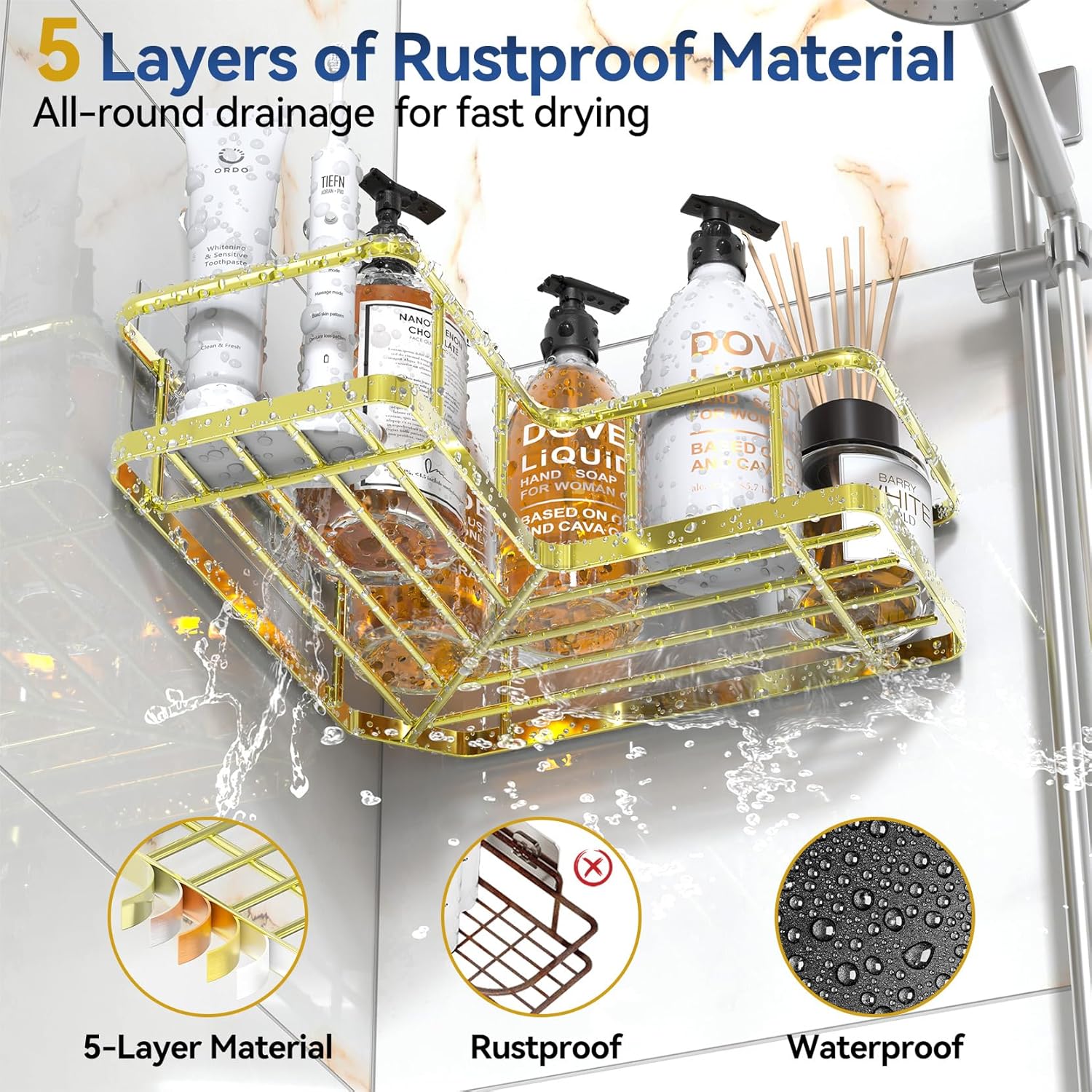 5-Pack Corner Shower Caddy Organizer - Rustproof Stainless Steel Shelves with Soap Holder & Hooks