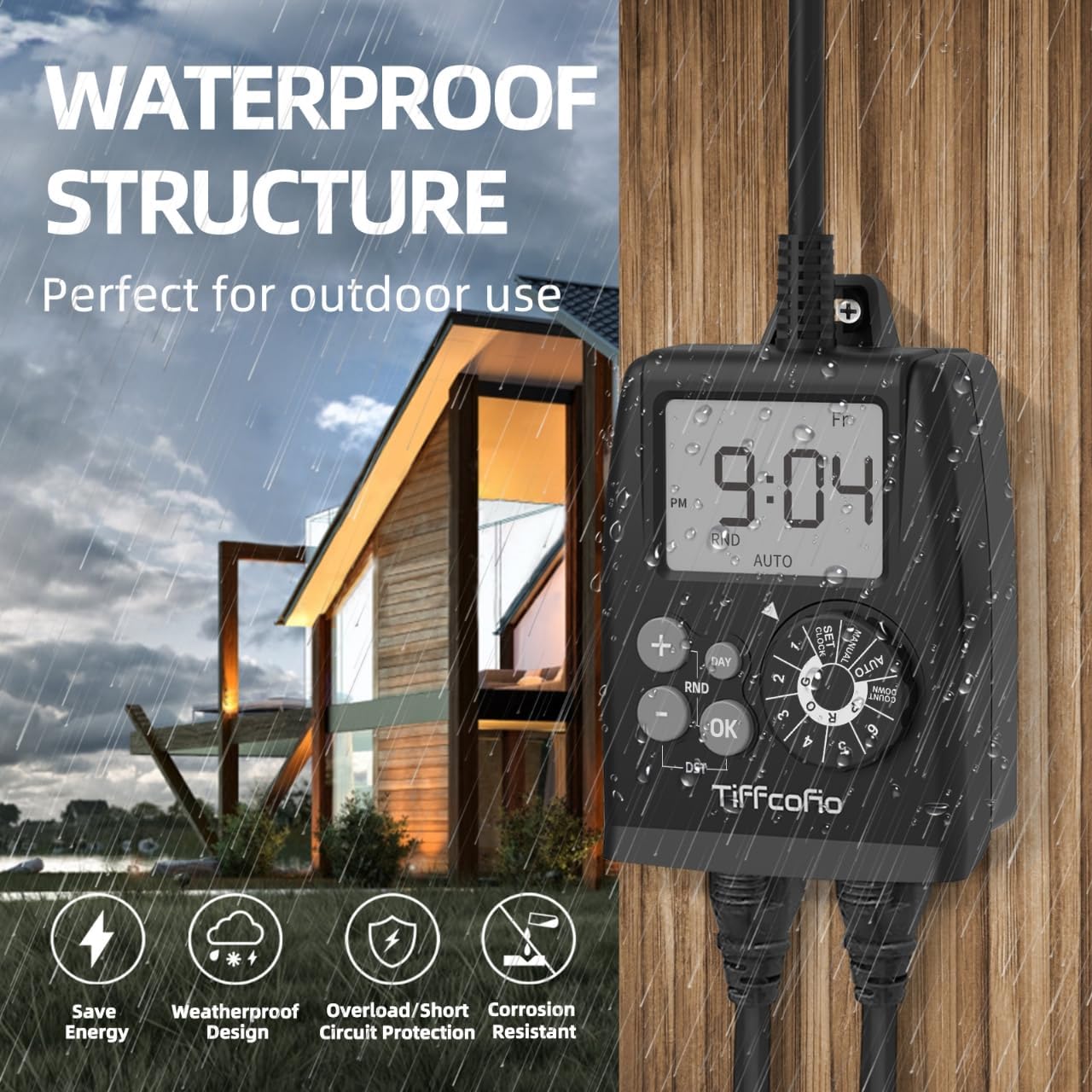 TiFFCOFiO New Digital Outdoor Timer Outlet, Dial Programmable Method, Outdoor Light Timer Waterproof, 2 Grounded Electrical Outlets for Christmas Lights, 6 Sets of Programs, 15A/1875W (1 Pack)