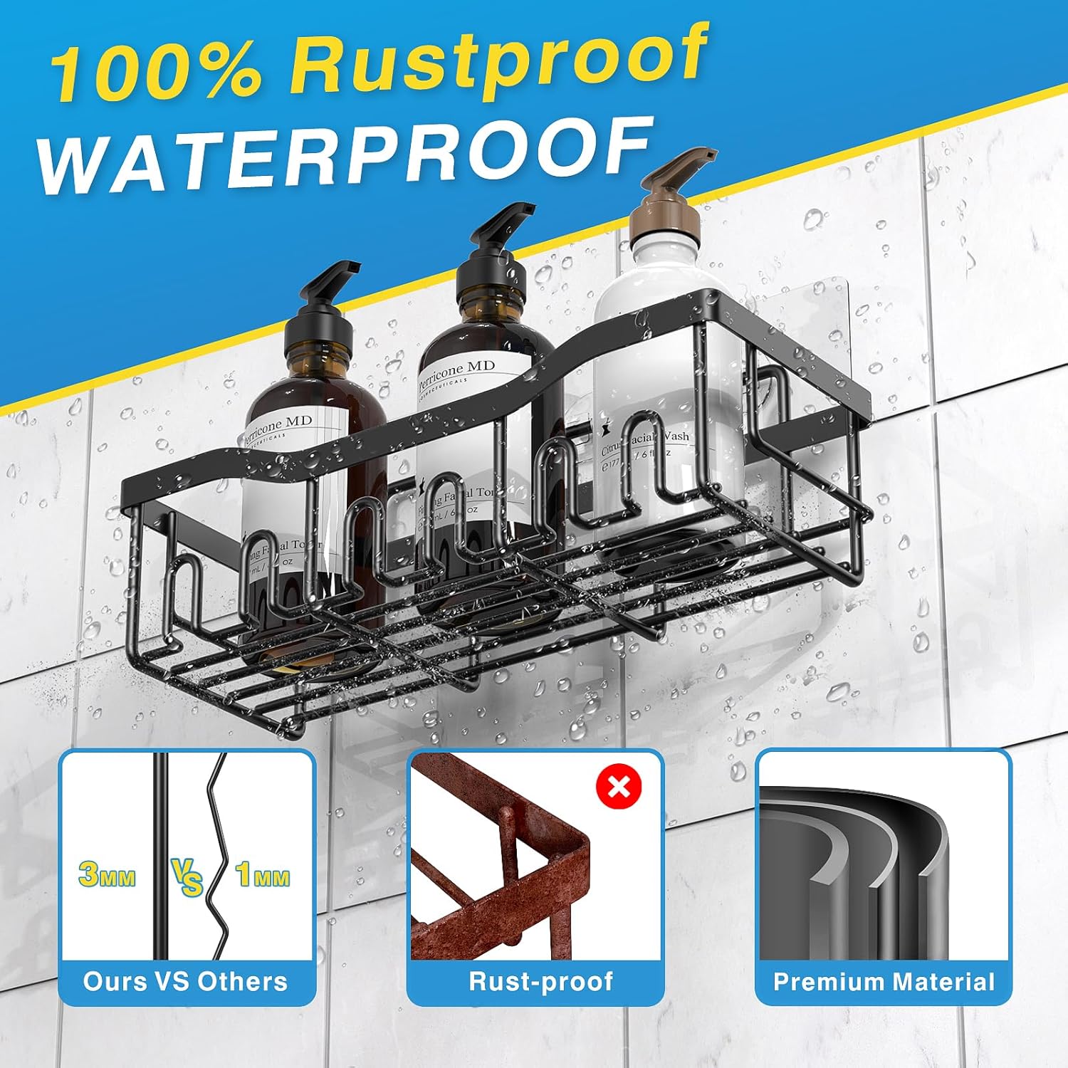5-Pack Adhesive Shower Caddy, Rustproof Stainless Steel Bathroom Organizer with Large Capacity