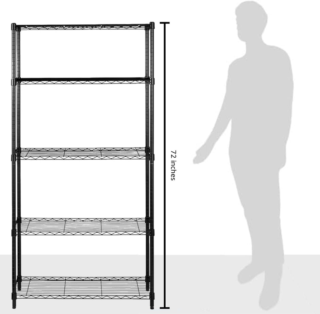 5-Shelf Adjustable Heavy Duty Steel Wire Rack Storage Shelving Organizer, 36" x 14" x 72", Black