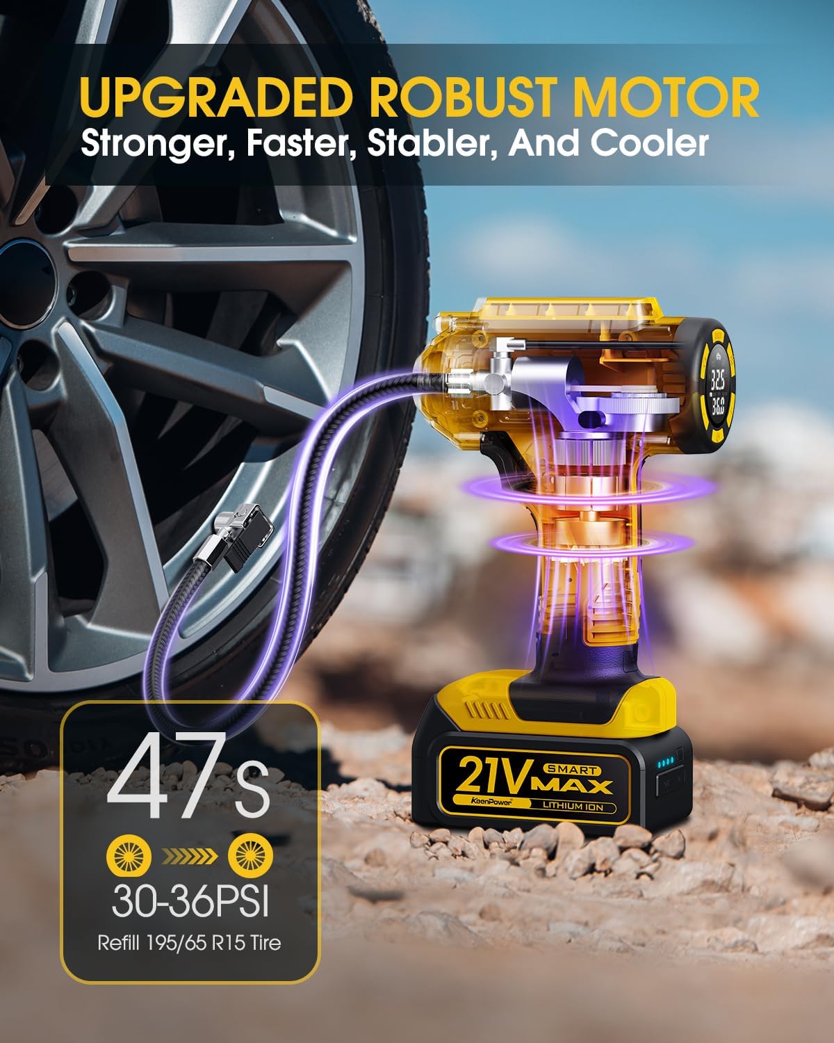 KeenPower Cordless Tire Inflator Portable Air Compressor, 160PSI Car Tire Air Pump, 21V Rechargeable Battery Powered Air Compressor, Dual Power, Larger HD Digital Gauge w/4+N Smart Modes (Yellow)