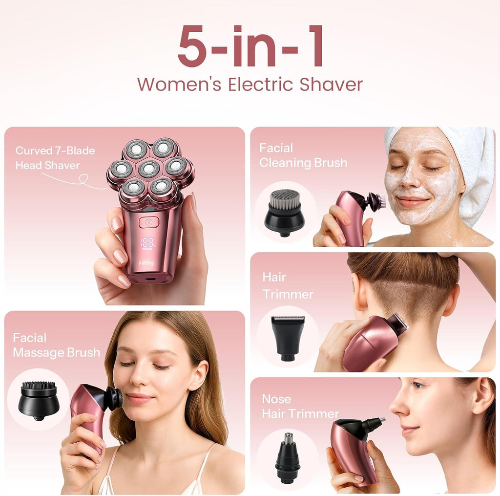 5-in-1 Electric Razor for Women, 7D Floating Head Shaver for Legs, Bikini & Body, IPX7 Waterproof