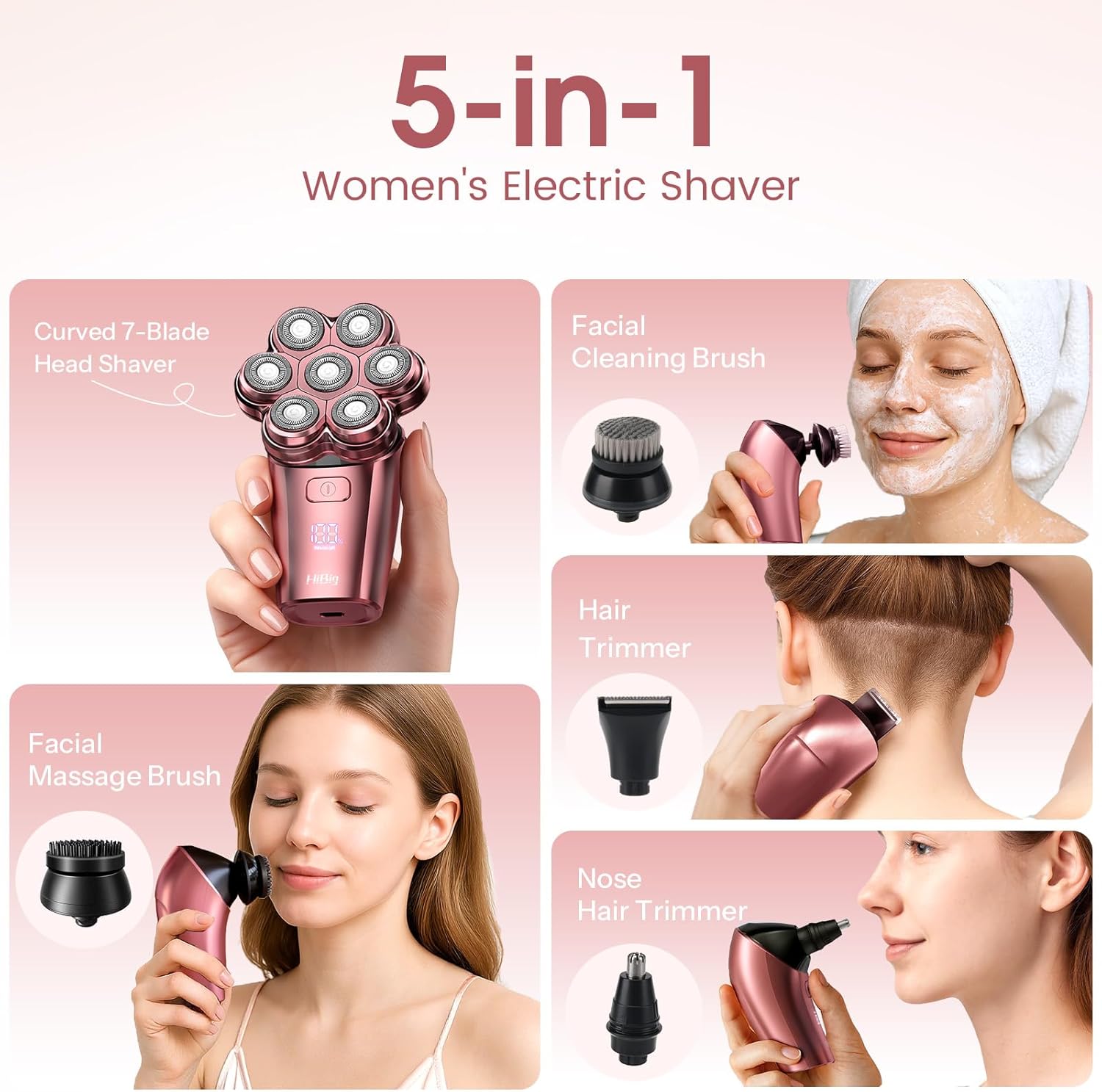 5-in-1 Electric Razor for Women, 7D Floating Head Shaver for Legs, Bikini & Body, IPX7 Waterproof