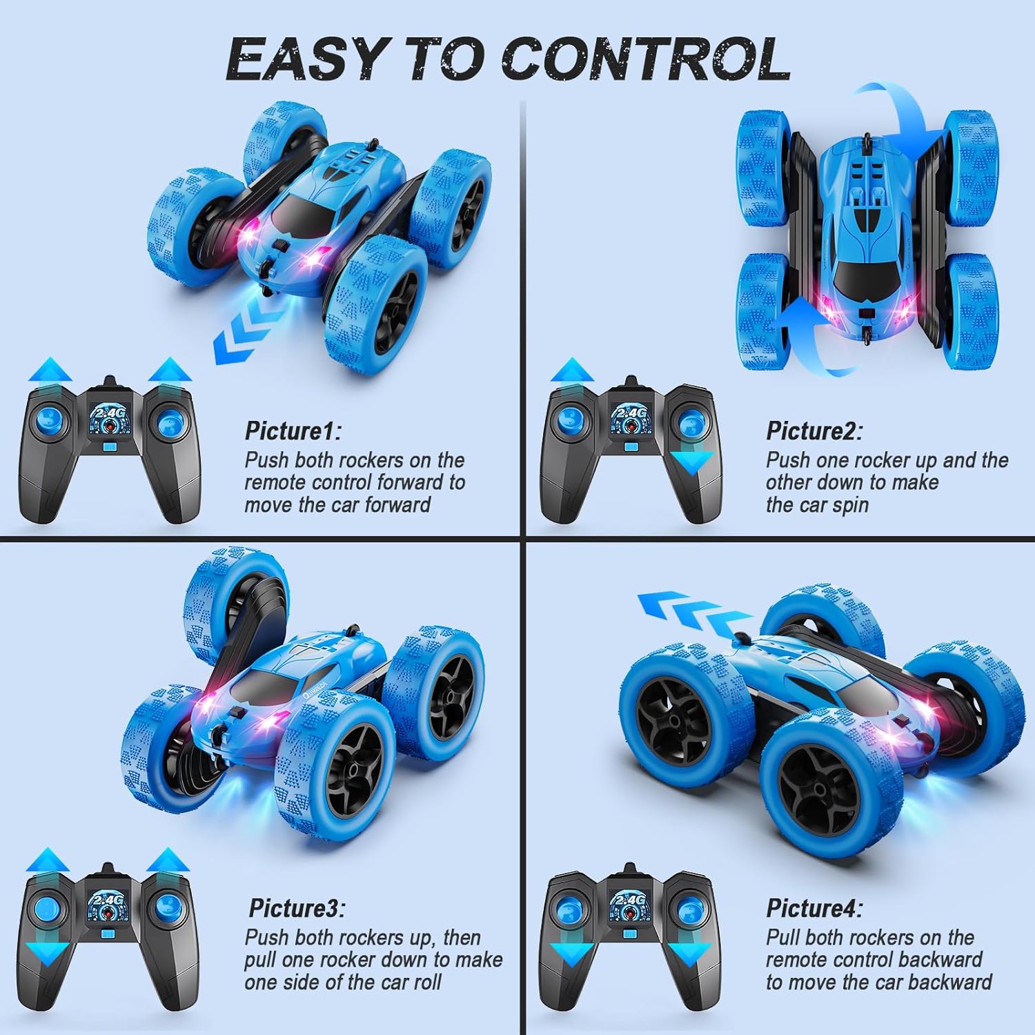 4WD Stunt RC Car with 360° Flips & LED Lights | 2.4GHz Remote | USB-C Modular Batteries | Gift for Kids 6-12