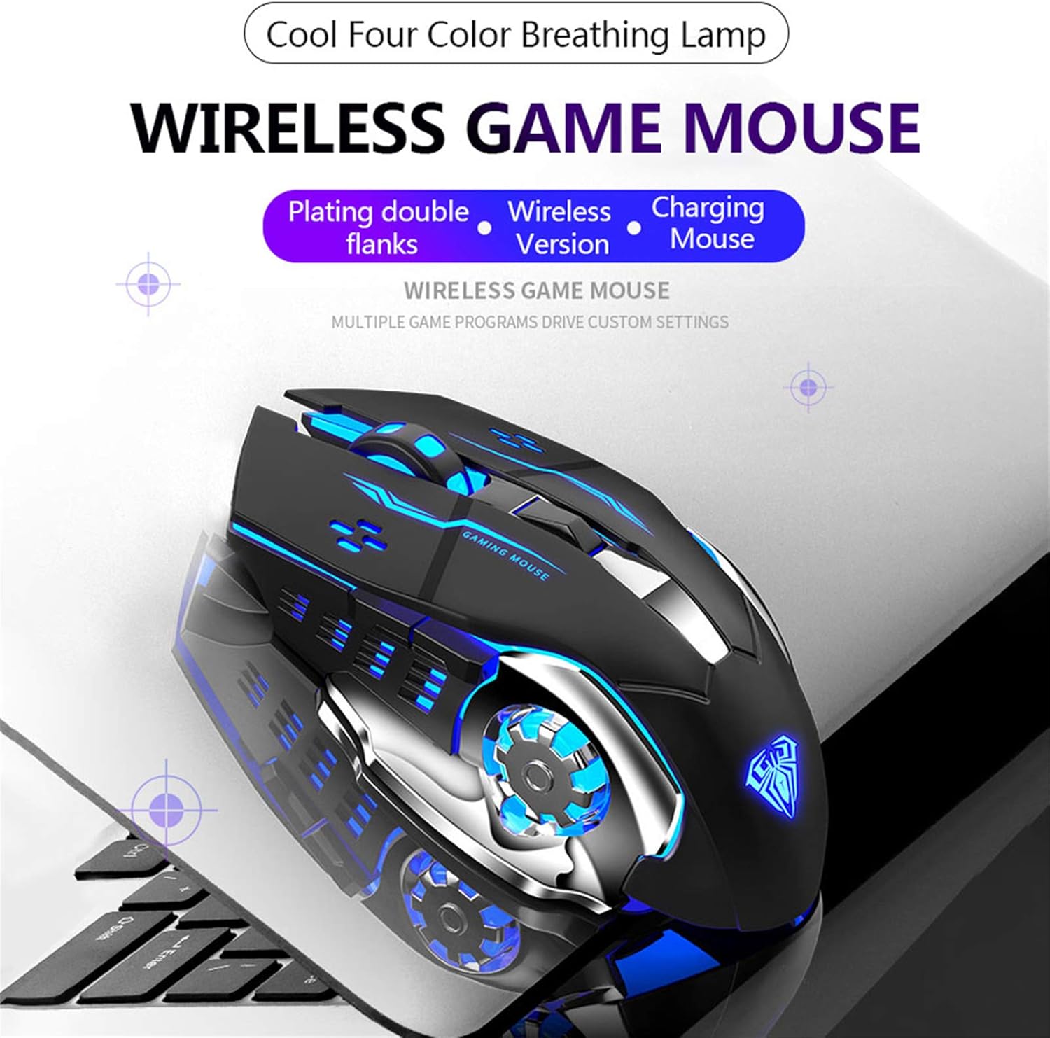 Noiseless Wireless Gaming Mouse with Ergonomic Design - 2 Side Buttons, 30m Range