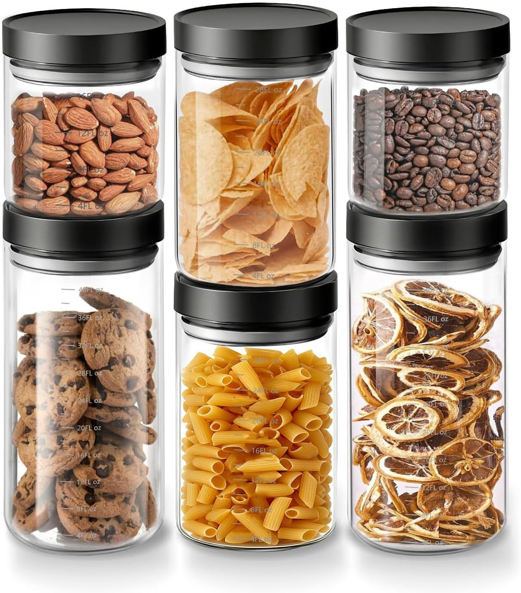 Set of 6 Airtight Glass Storage Canisters with Press-Seal Lids - 3mm Thick Borosilicate Jars for Pantry
