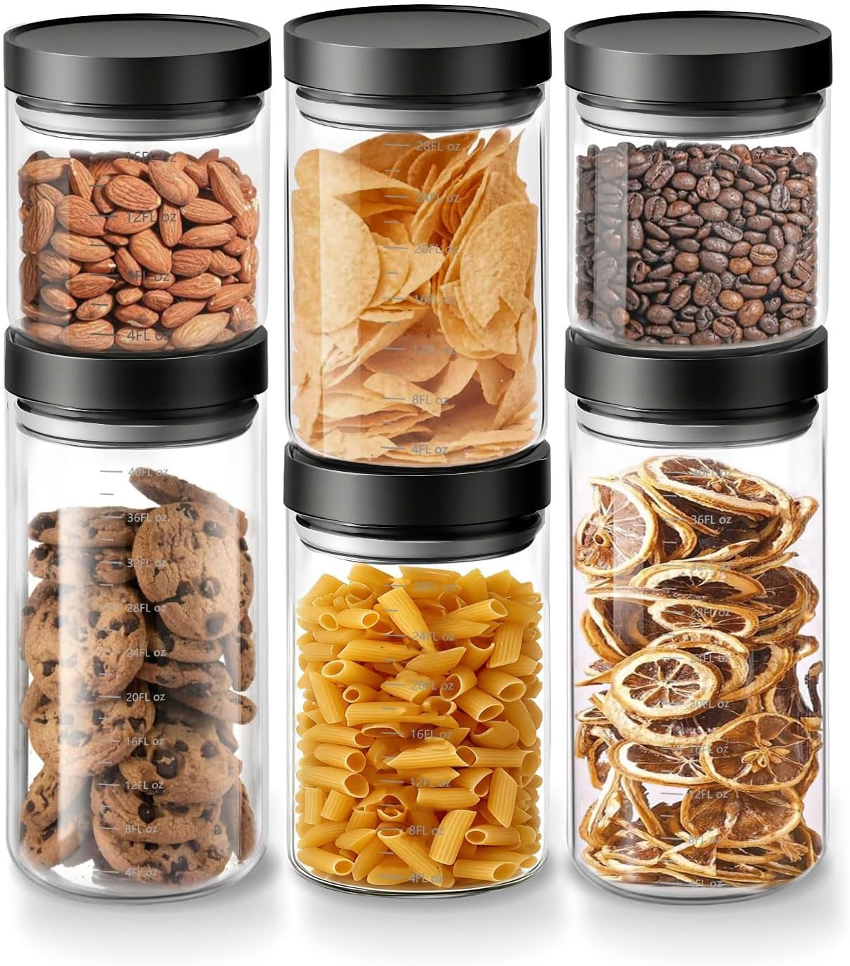Set of 6 Airtight Glass Storage Canisters with Press-Seal Lids - 3mm Thick Borosilicate Jars for Pantry
