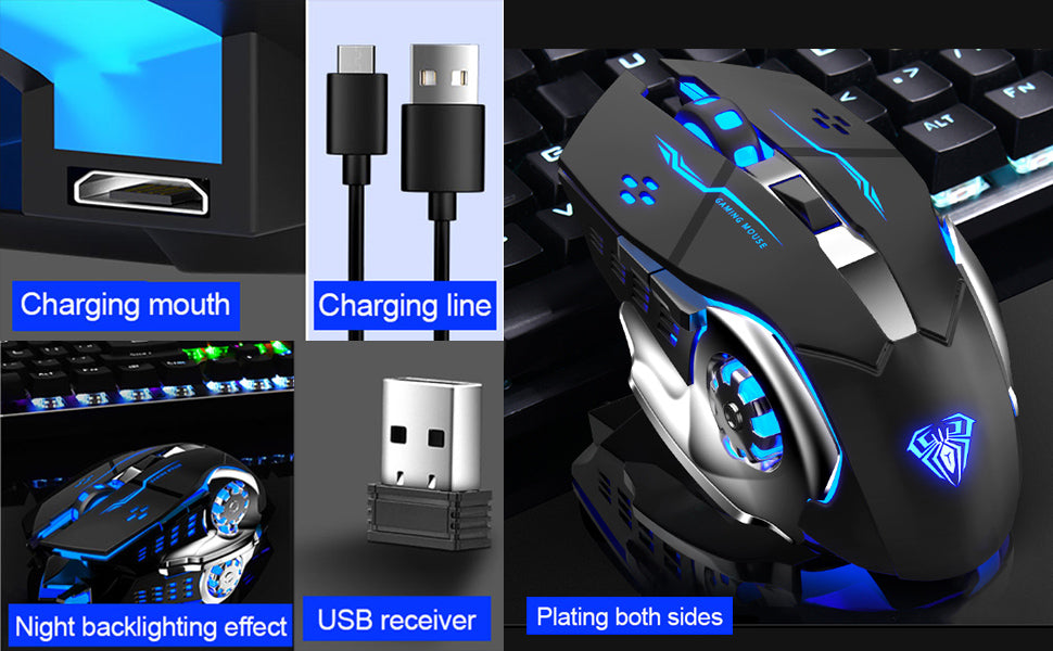 Noiseless Wireless Gaming Mouse with Ergonomic Design - 2 Side Buttons, 30m Range