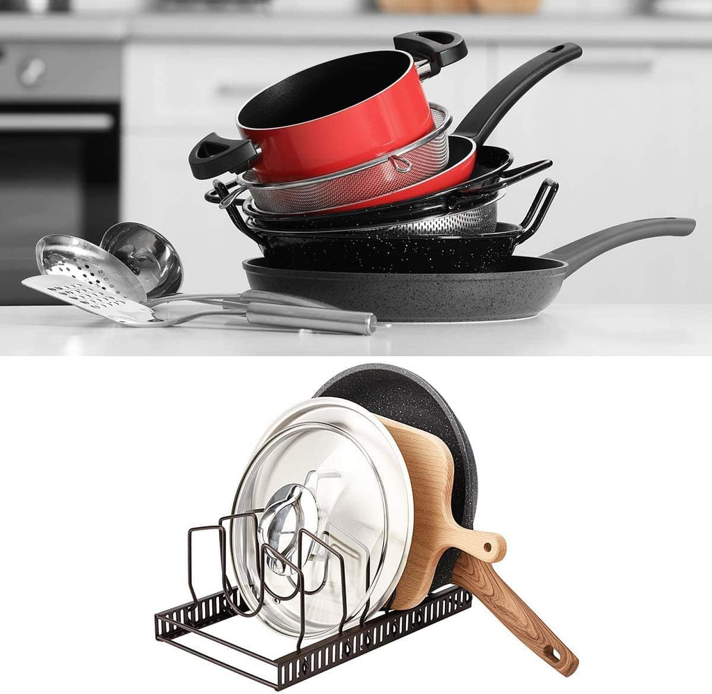 Pot Lid Organizer Rack for Cabinet and Countertop, 7 Adjustable Compartments for Pans and Bakeware