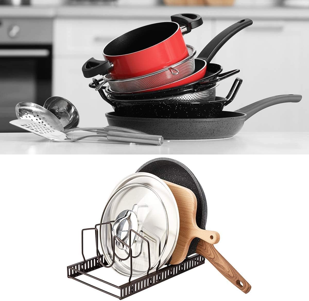 Pot Lid Organizer Rack for Cabinet and Countertop, 7 Adjustable Compartments for Pans and Bakeware
