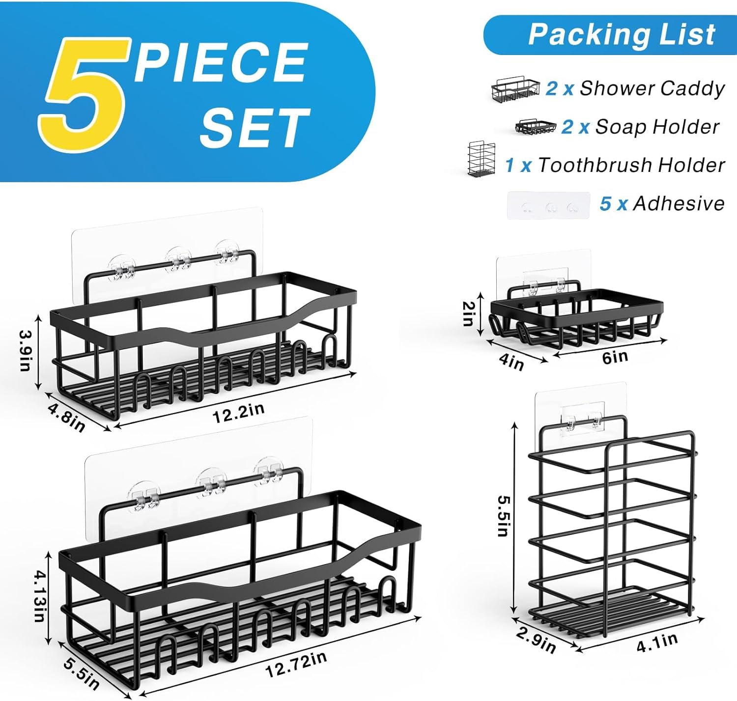 5-Pack Adhesive Shower Caddy, Rustproof Stainless Steel Bathroom Organizer with Large Capacity