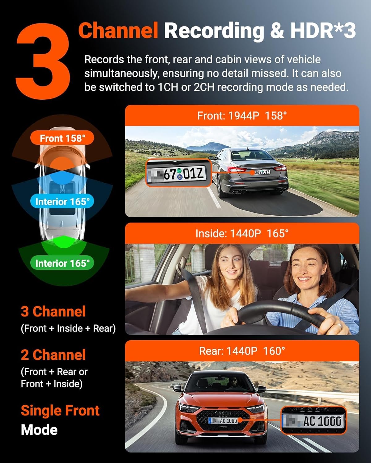 3-Channel Dash Cam with 2.7K Triple Lens, Night Vision & 24/7 Parking Mode