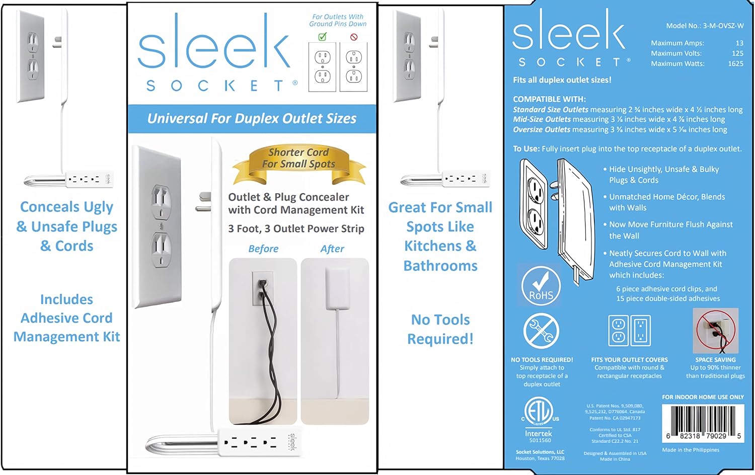 Ultra-Thin Flat Outlet Concealer with 3-Outlet Power Strip and 3ft Extension Cord Kit