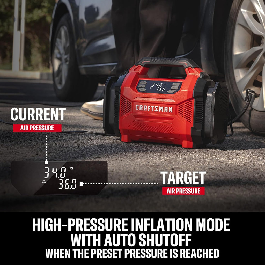 CRAFTSMAN Tire Inflator, Portable Air Compressor 150 PSI, Dual Power 12V DC/120V AC, Auto Shut-Off with Digital Gauge, 2-in-1 Inflator & Blower, LED Light for Car, Bike, and Inflatables