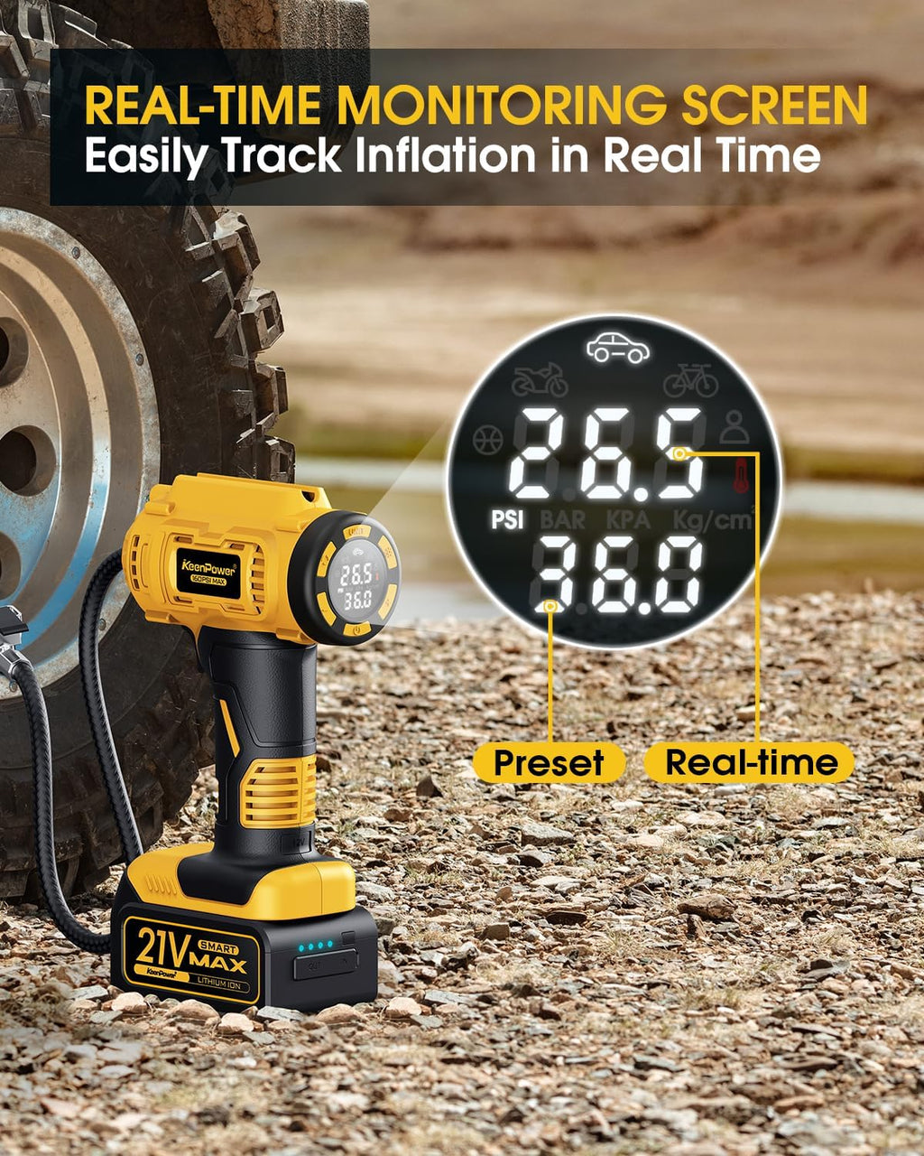 KeenPower Cordless Tire Inflator Portable Air Compressor, 160PSI Car Tire Air Pump, 21V Rechargeable Battery Powered Air Compressor, Dual Power, Larger HD Digital Gauge w/4+N Smart Modes (Yellow)